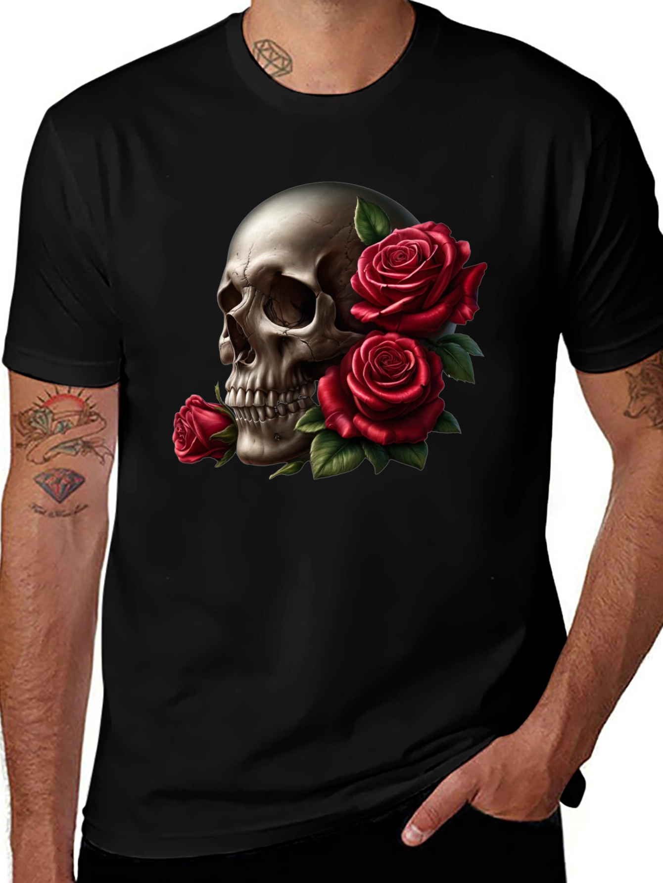 Variant 16 of Skull and Roses Graphic Tee - Black
