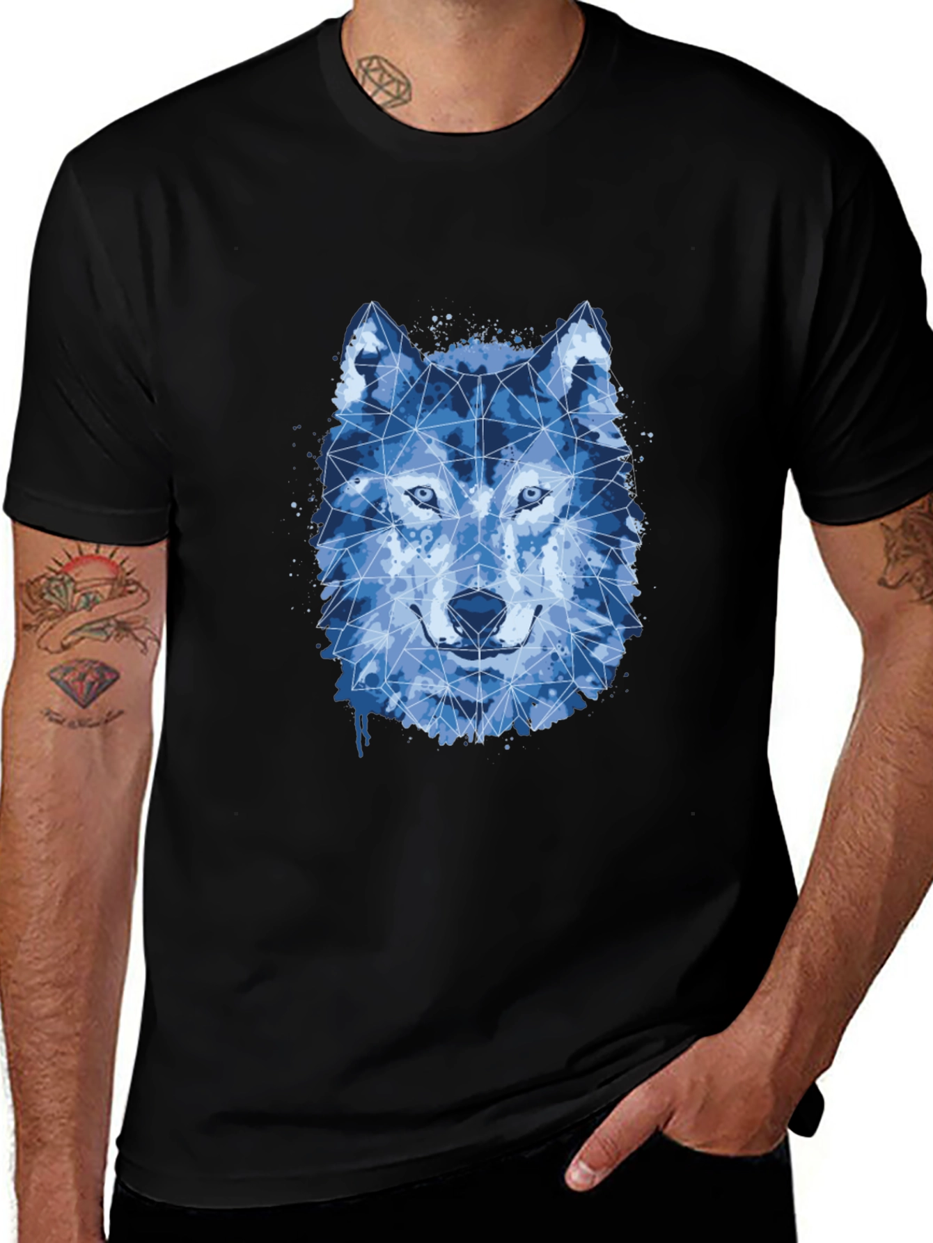 Variant 19 of Geometric Wolf Graphic Print Black T-Shirt