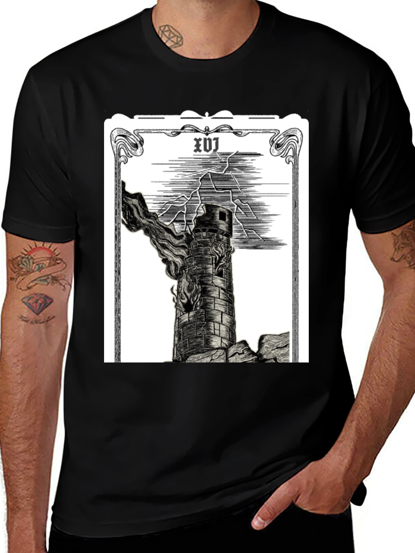 Variant 11 of Tower Tarot Card T-Shirt - Black Graphic Tee