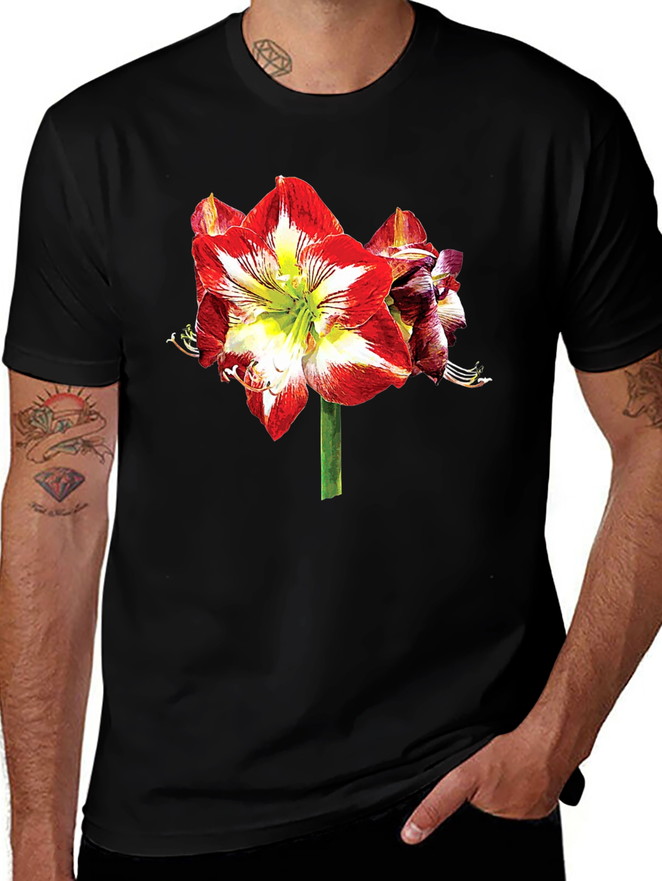 Variant 28 of Floral Print T-Shirt: Bold Amaryllis Design