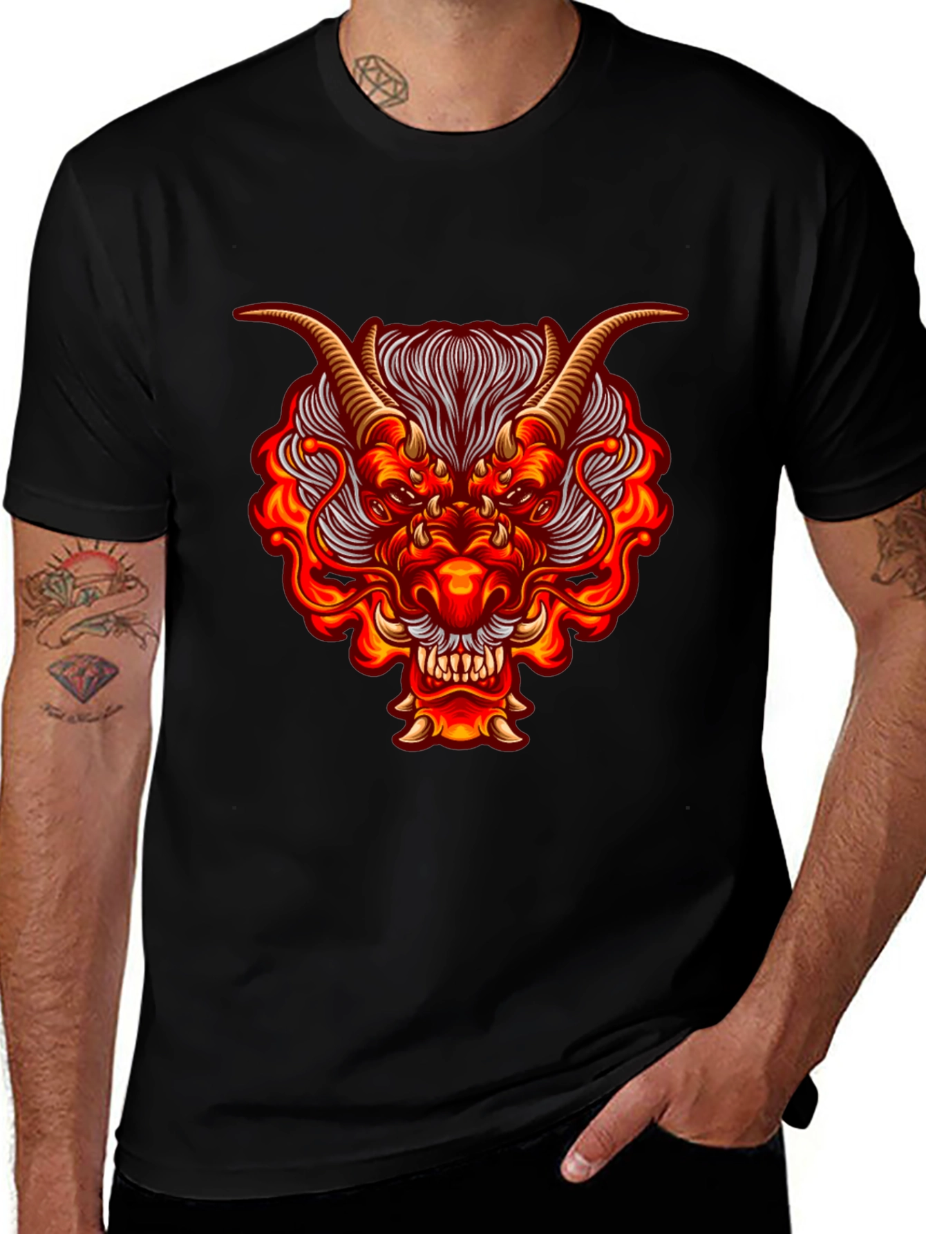 Variant 19 of Fiery Dragon Graphic Tee - Bold Black Cotton Shirt
