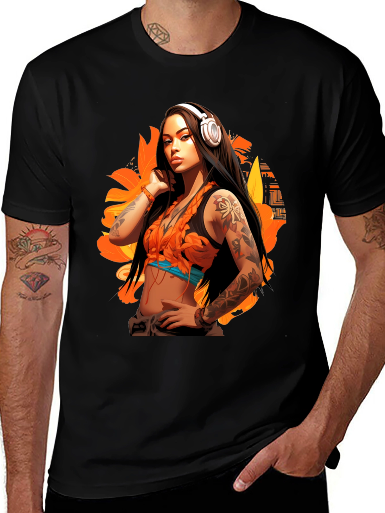 Variant 12 of Cool Graphic Tee - Tattooed Woman with Headphones