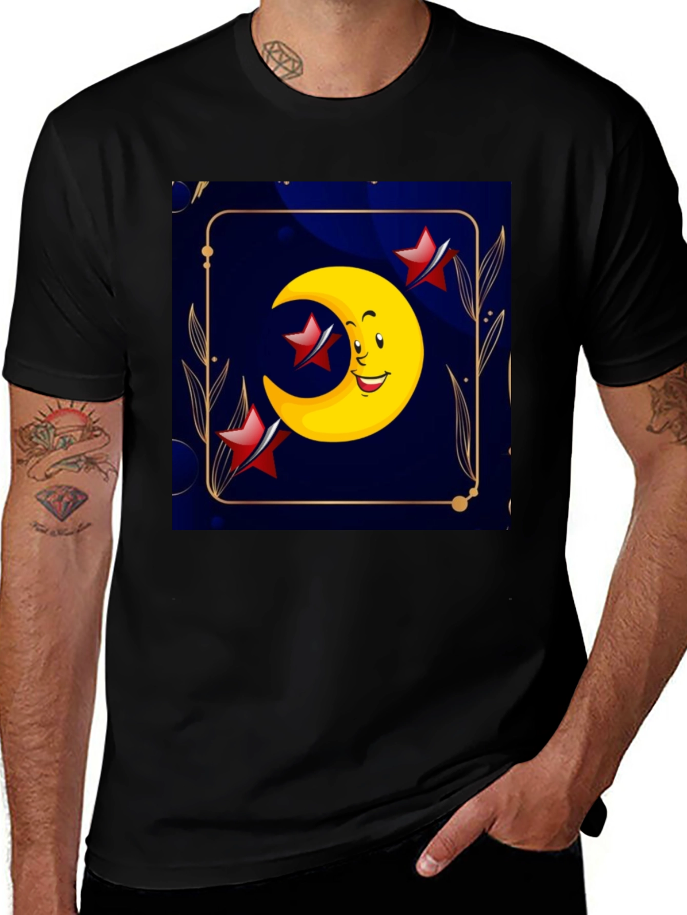 Variant 22 of Smiling Moon & Stars Graphic Tee - Unisex Black Cotton T-Shirt