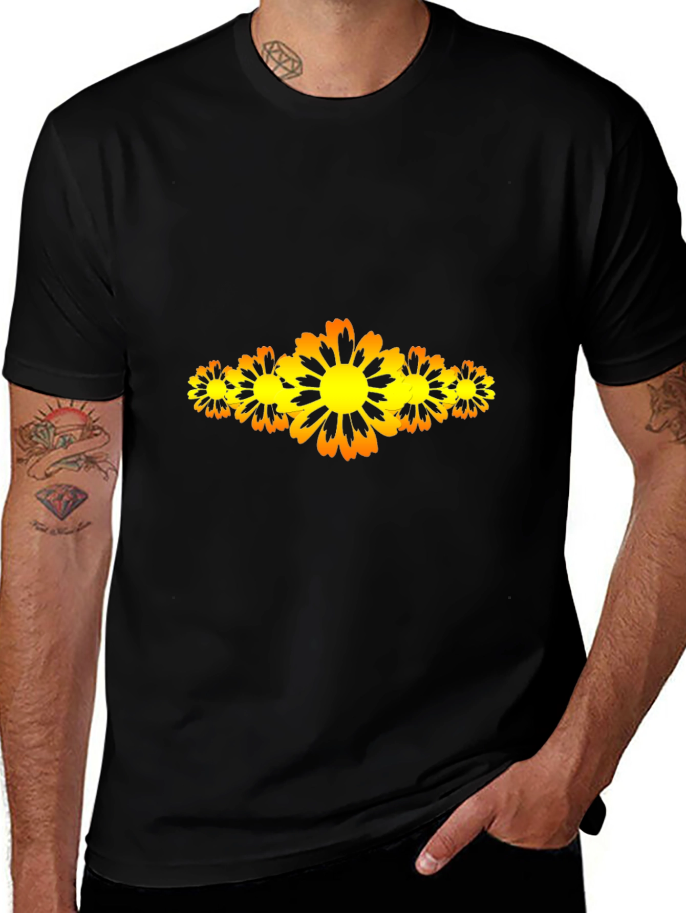 Men's Black T-Shirt with Floral Design