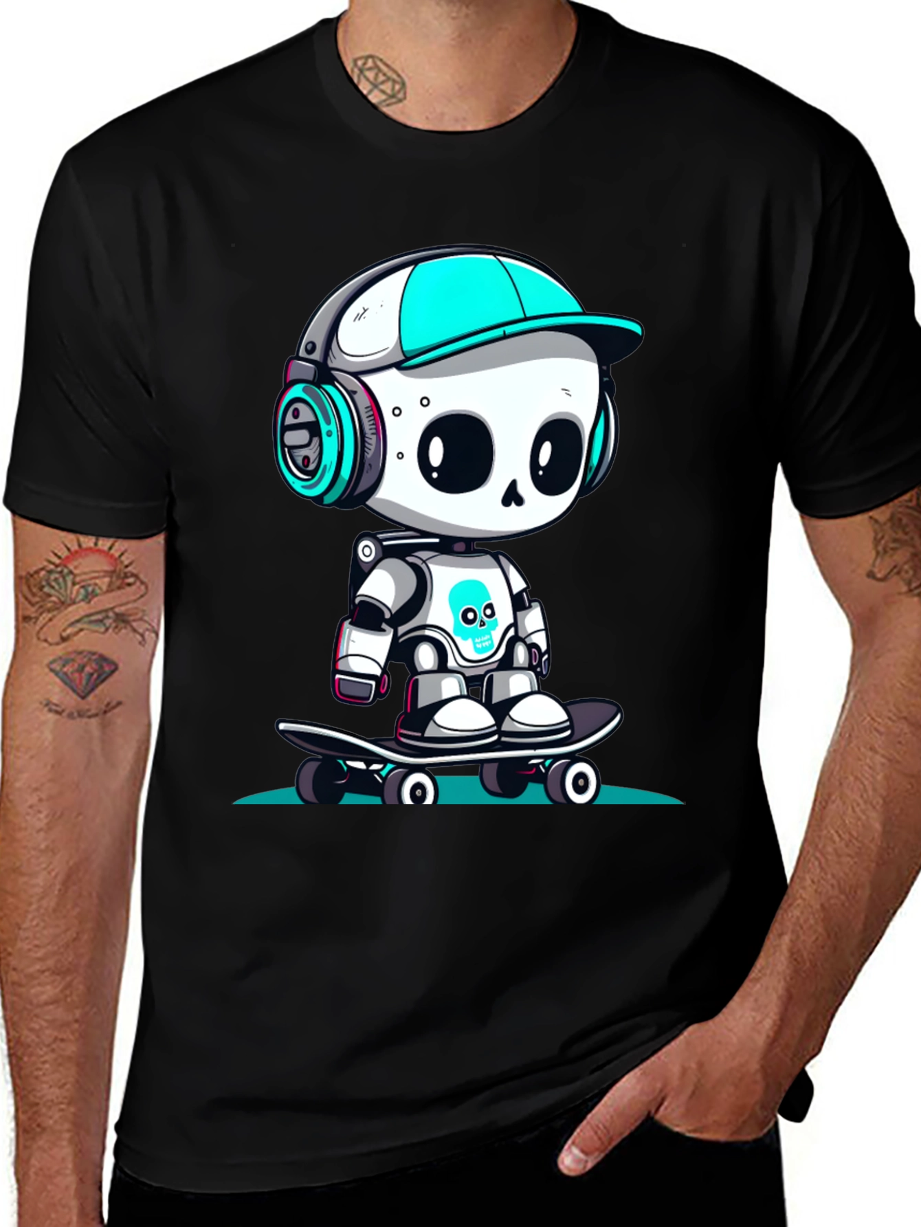 Variant 23 of Skater Bot Graphic Tee - Cool Cartoon Robot Design