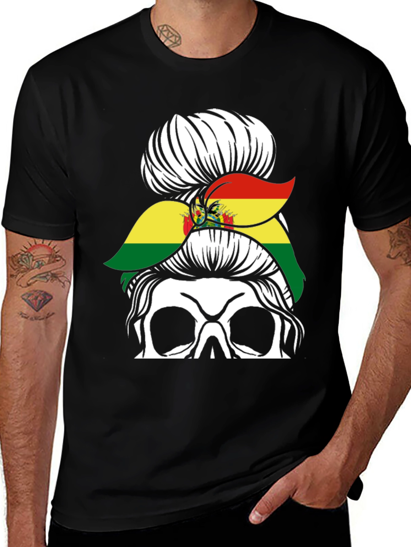 Variant 26 of Bolivia Flag Messy Bun Skull T-Shirt