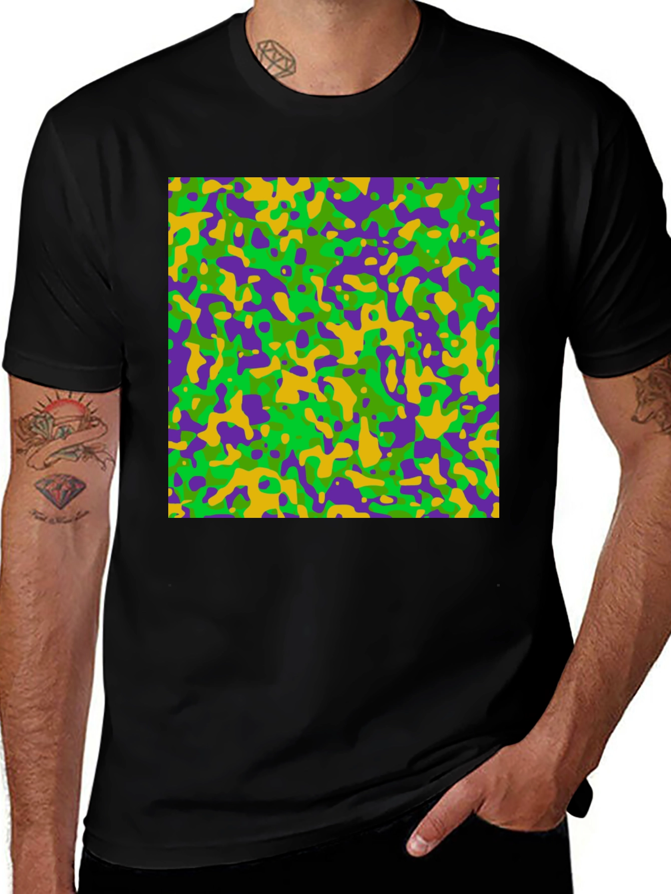 Mardi Gras Camo Print Black T-Shirt