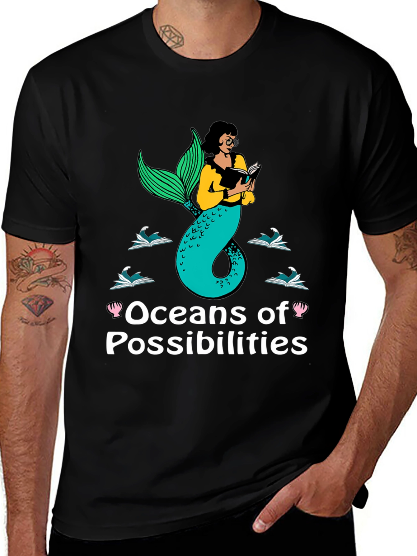 Oceans of Possibilities Reading Mermaid Black T-Shirt