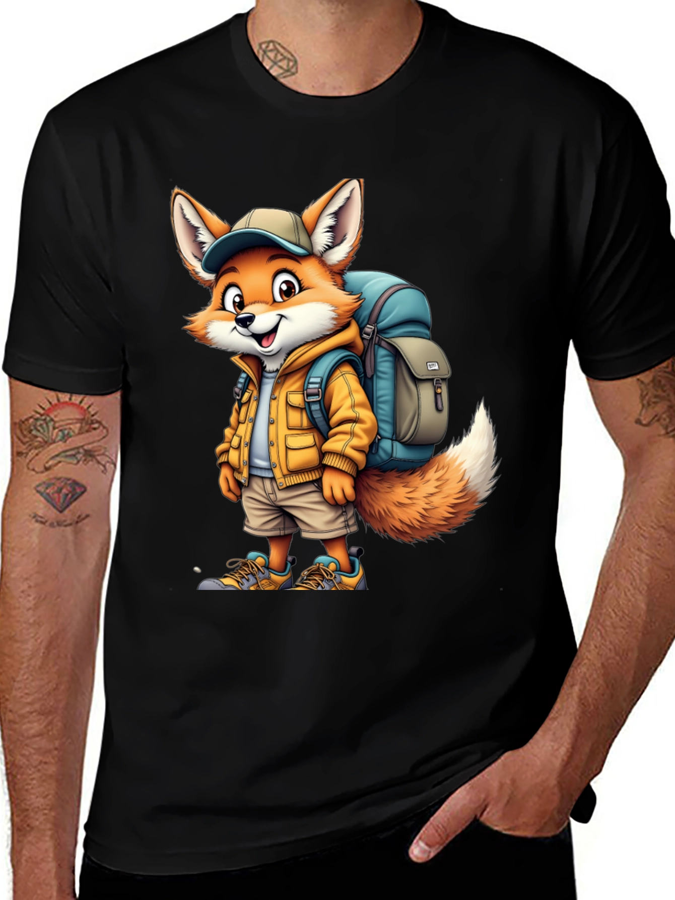 Fox Hiker Graphic Tee - Black Cotton T-Shirt