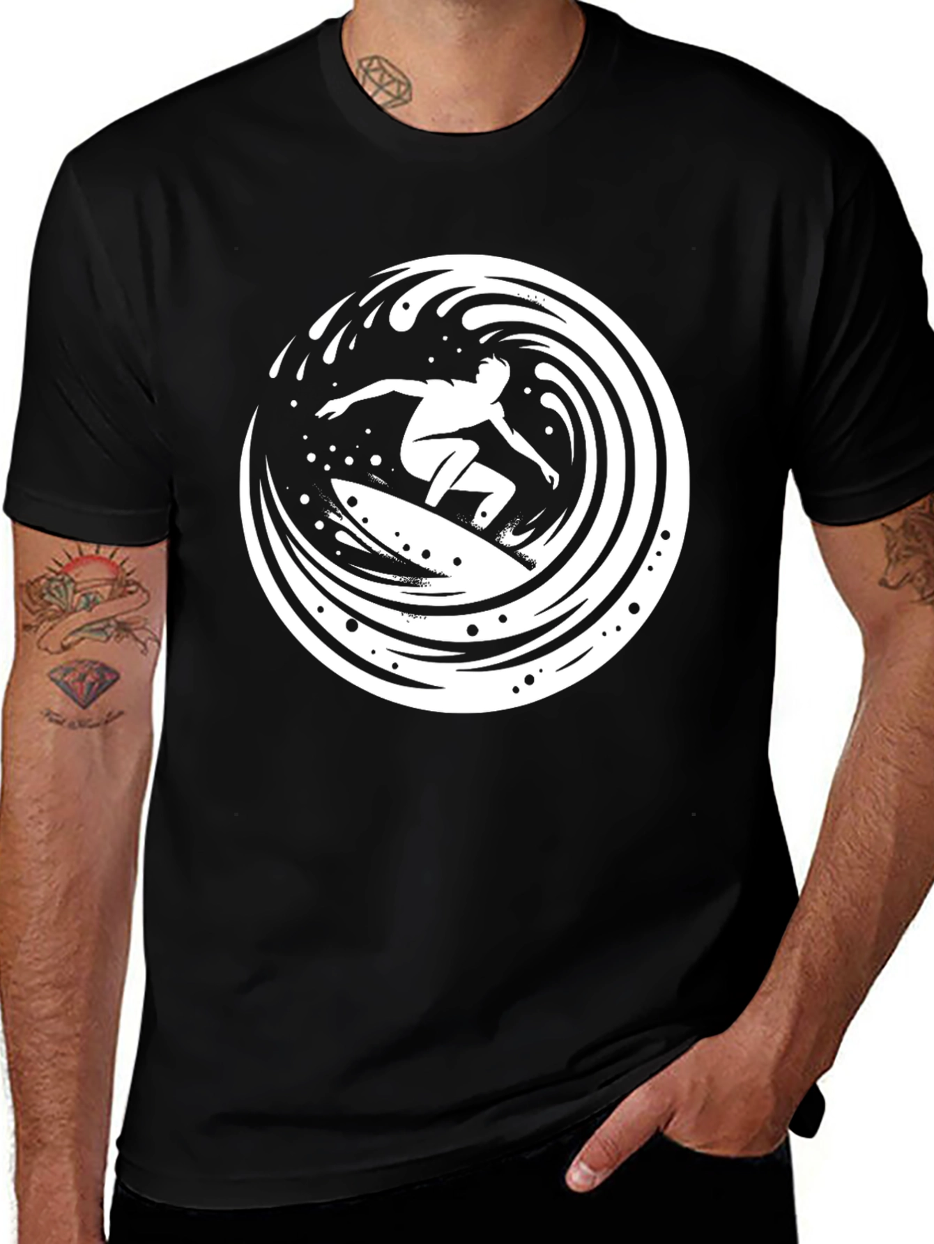 Surfer Wave Graphic Tee - Black Cotton T-Shirt