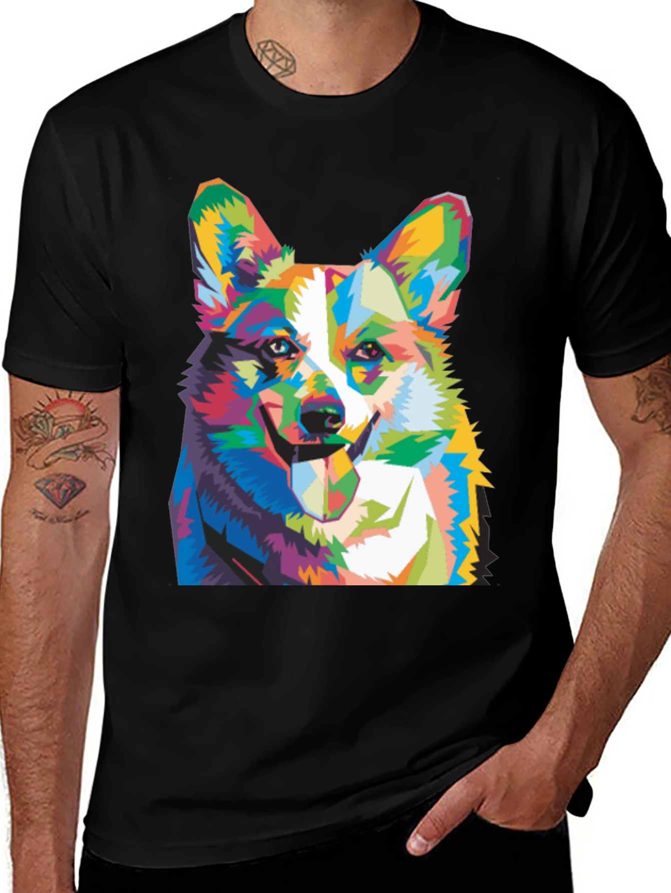 Variant 9 of Corgi Dog Colorful Graphic Print Black T-Shirt