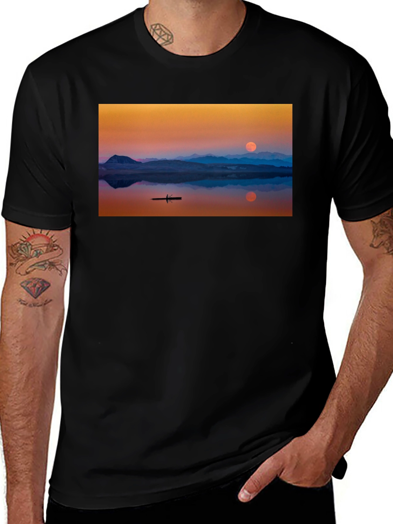 Sunset Lake Kayak Graphic Tee - Black Cotton T-Shirt