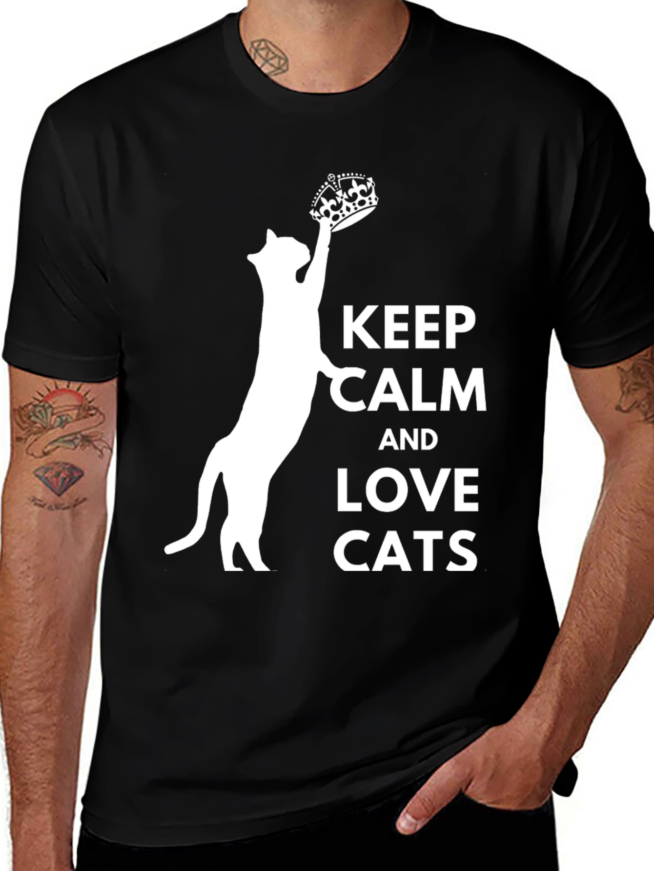 Black Keep Calm and Love Cats T-Shirt - Crowned Cat Design main image