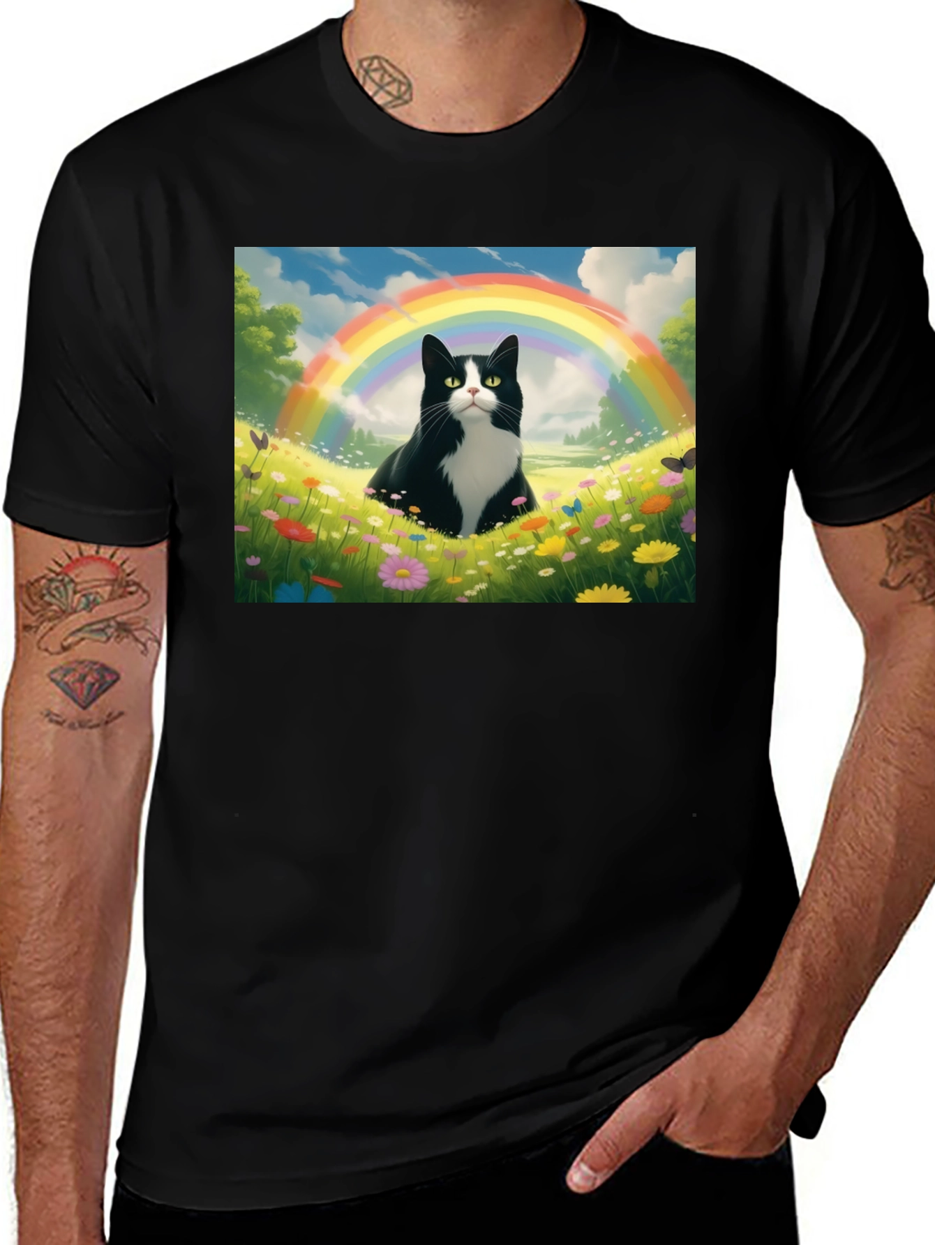 Variant 26 of Rainbow Cat Graphic Tee - Soft Black Cotton T-Shirt