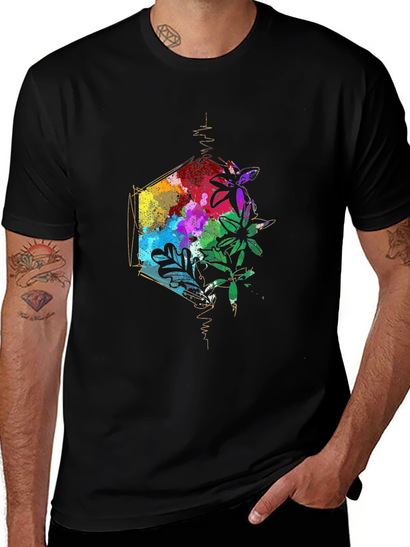 Variant 11 of Geometric Floral Men's Black T-Shirt