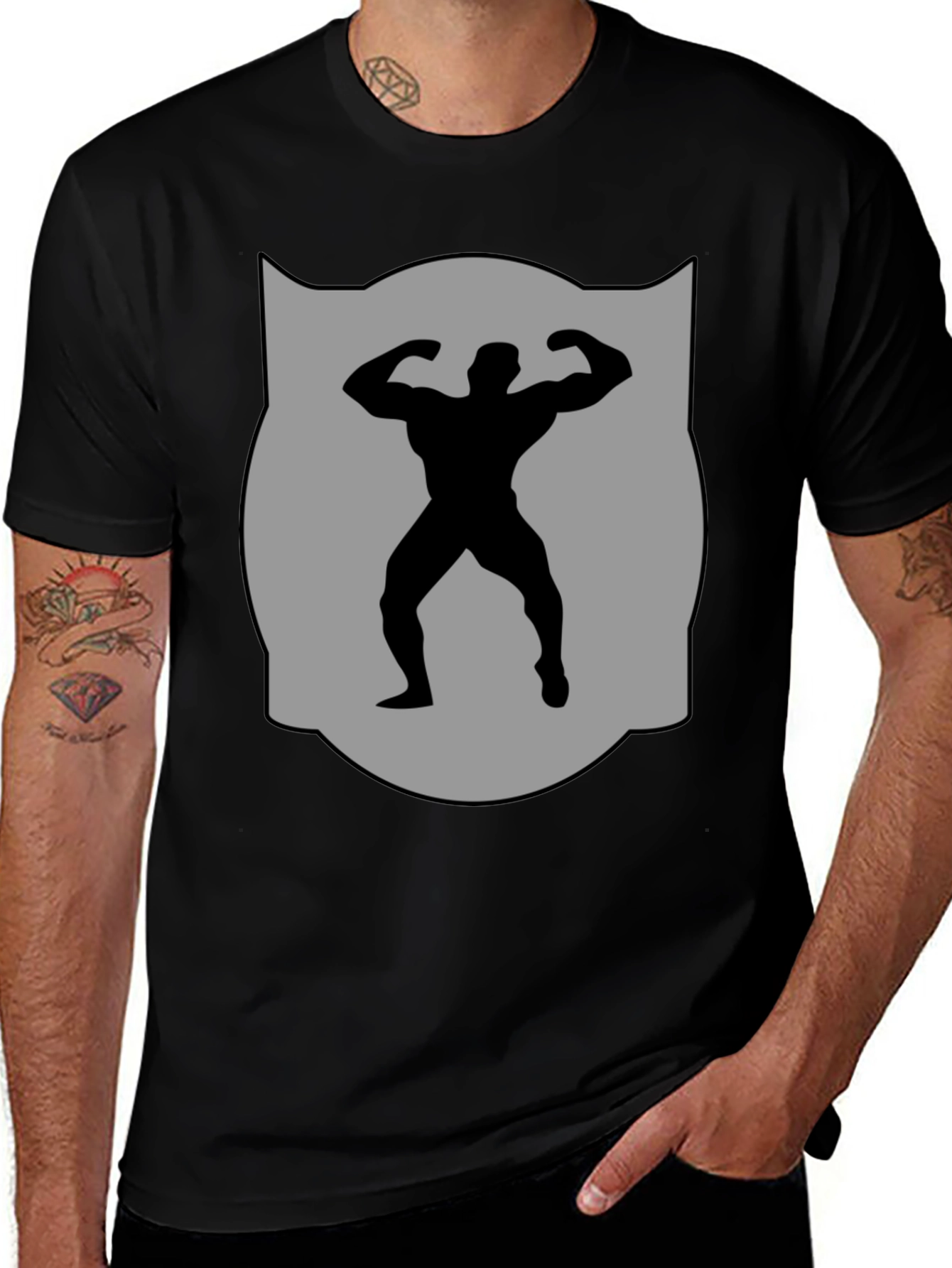 Variant 18 of Bodybuilder Silhouette Graphic Tee - Black Cotton Blend