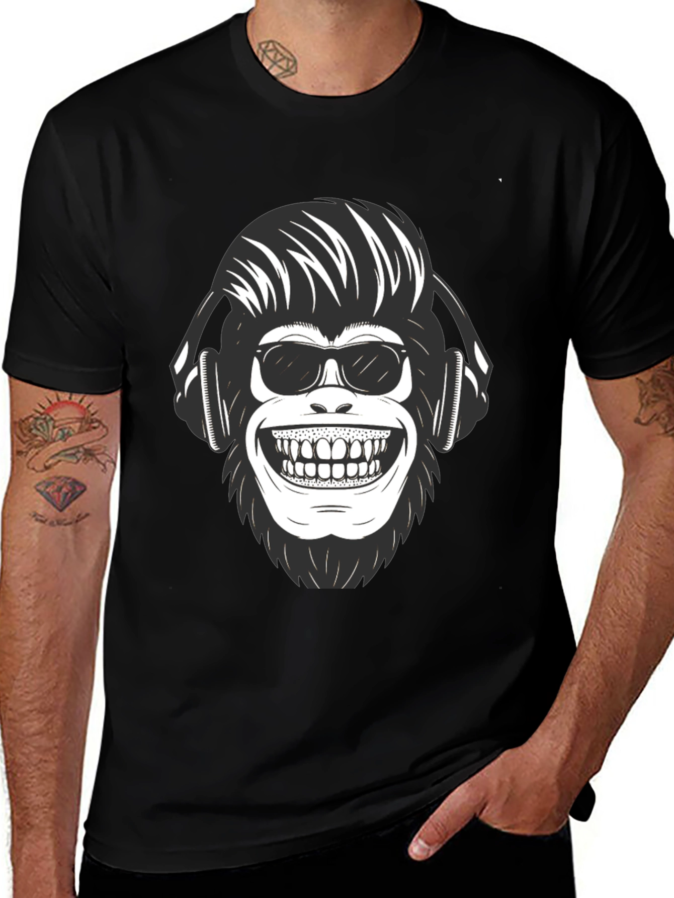 Variant 10 of Cool Ape Tee: Monkey with Headphones Graphic Black T-Shirt