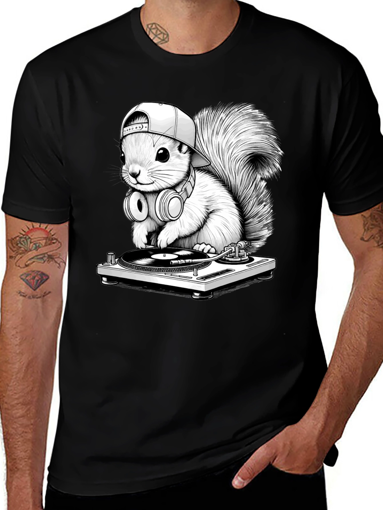 Variant 17 of DJ Squirrel Graphic Tee - Black T-Shirt