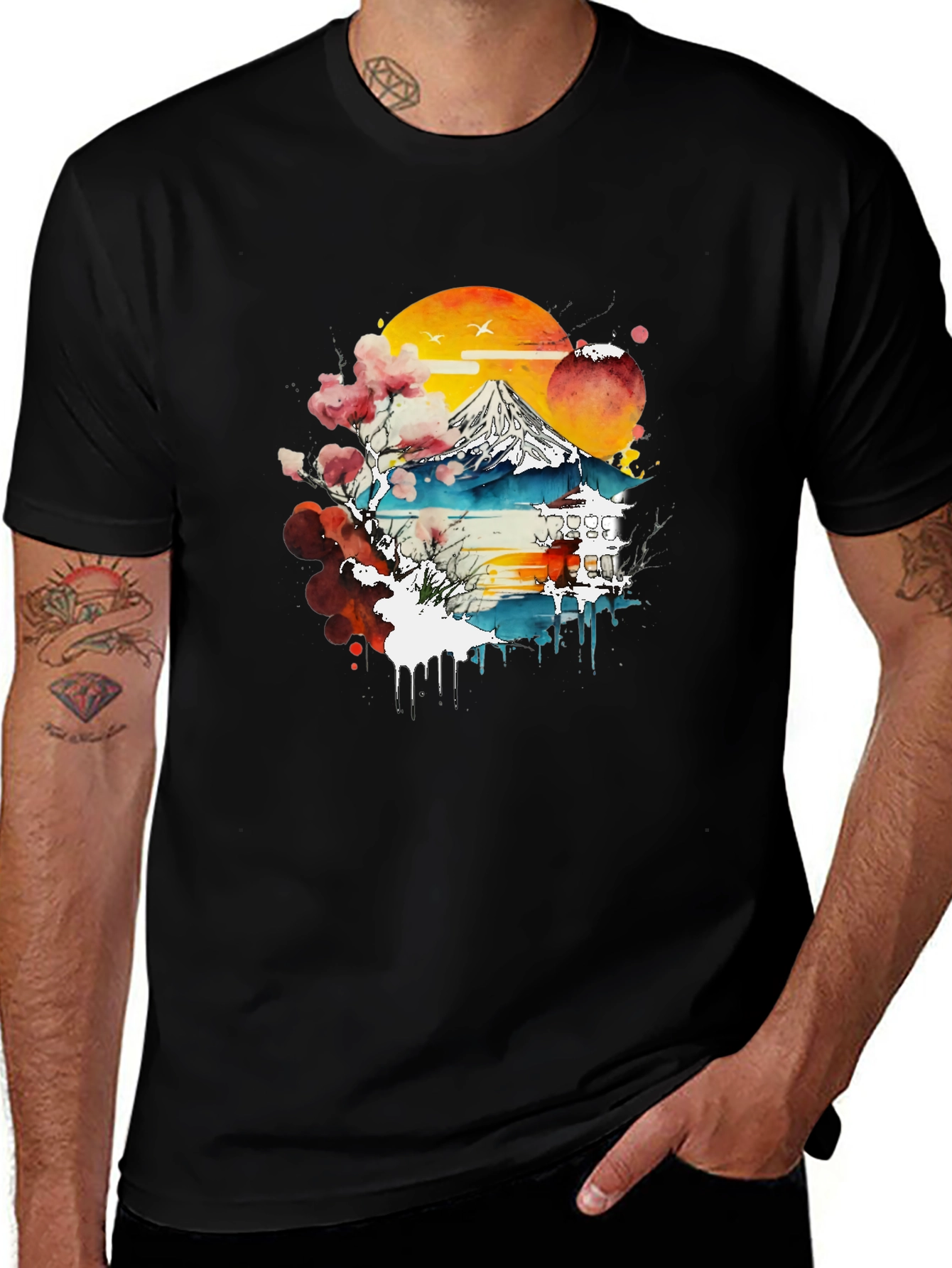 Watercolor Japanese Art Black T-Shirt