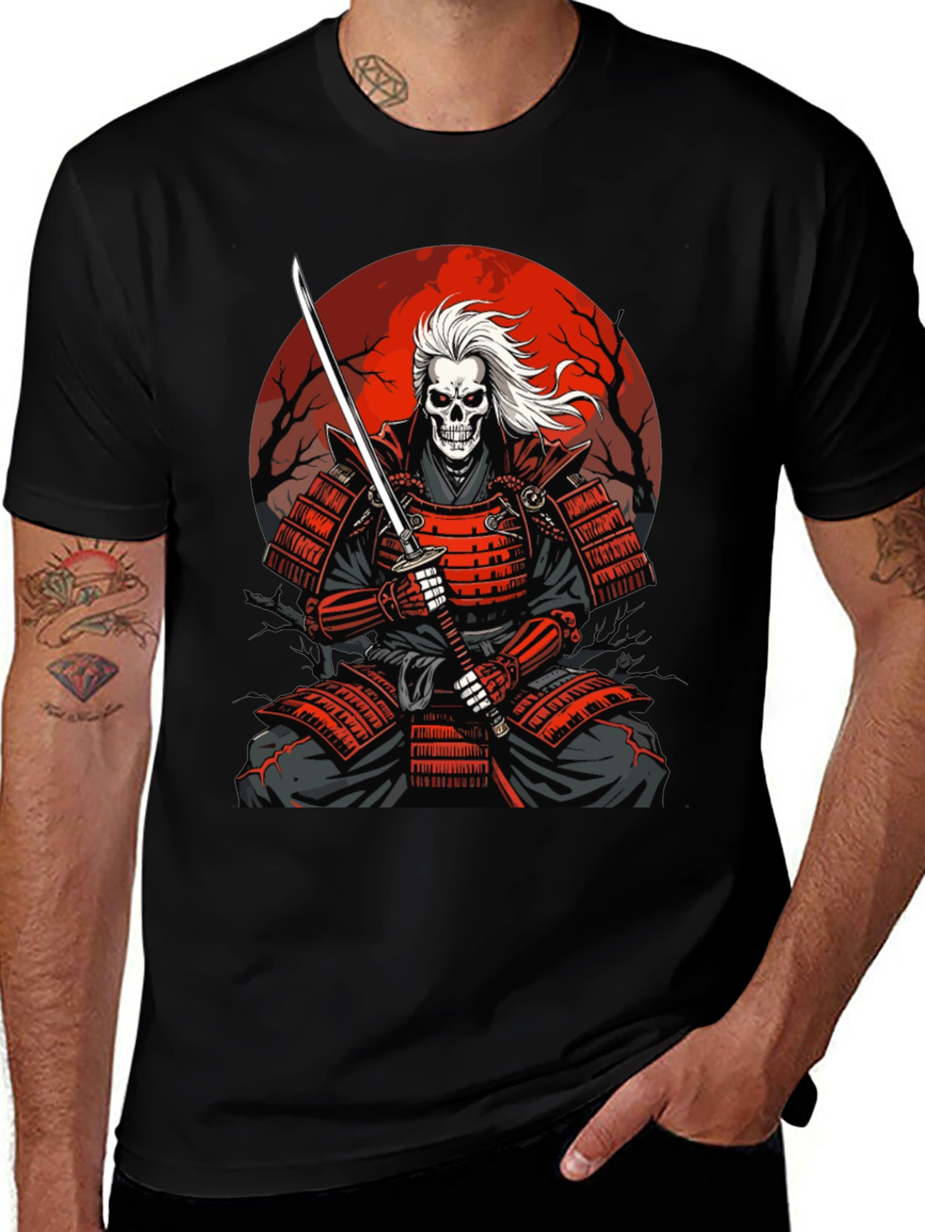 Samurai Skeleton T-Shirt - Red Armor & Katana