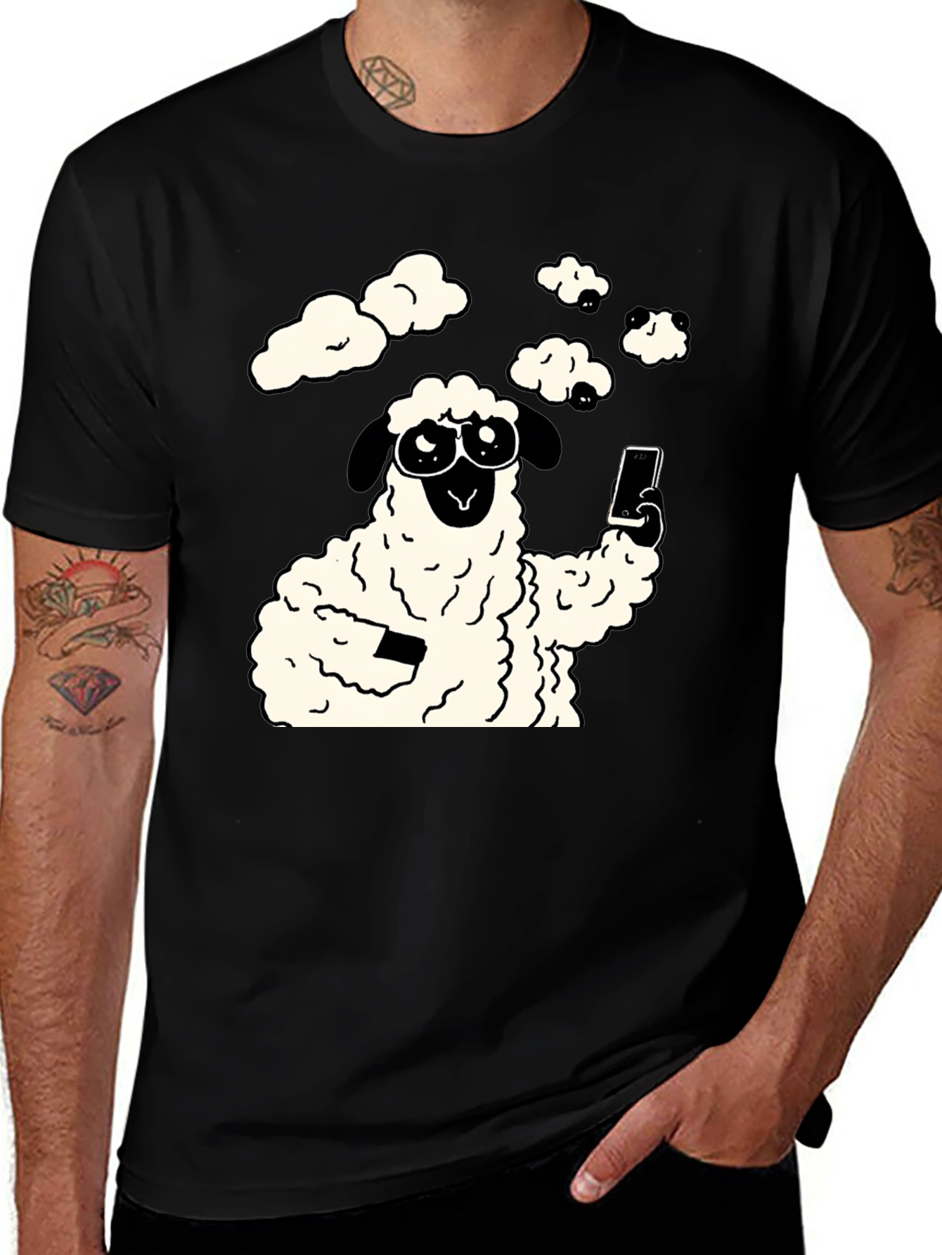 Variant 30 of Funny Sheep Selfie Graphic Tee - Black