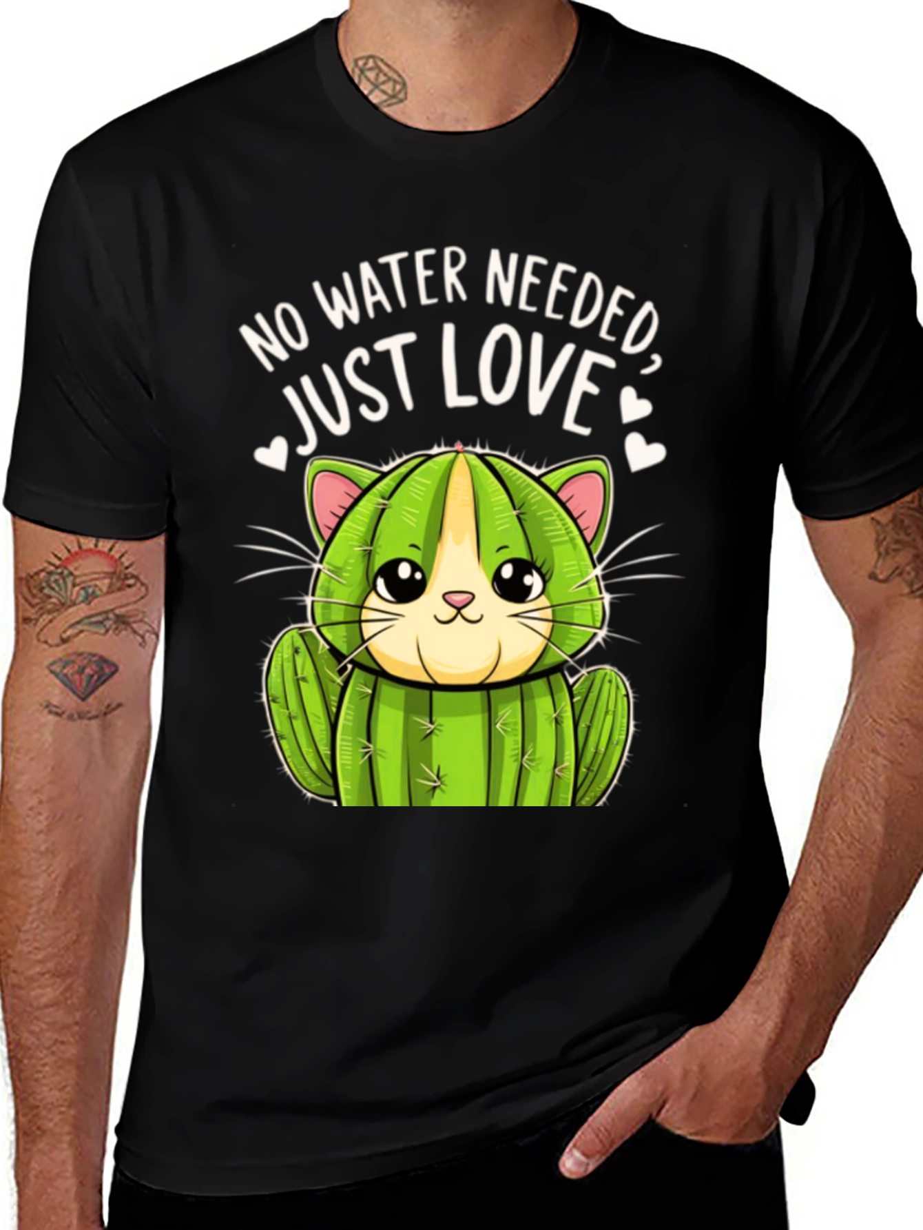Black Cactus Cat T-Shirt - No Water Needed, Just Love main image