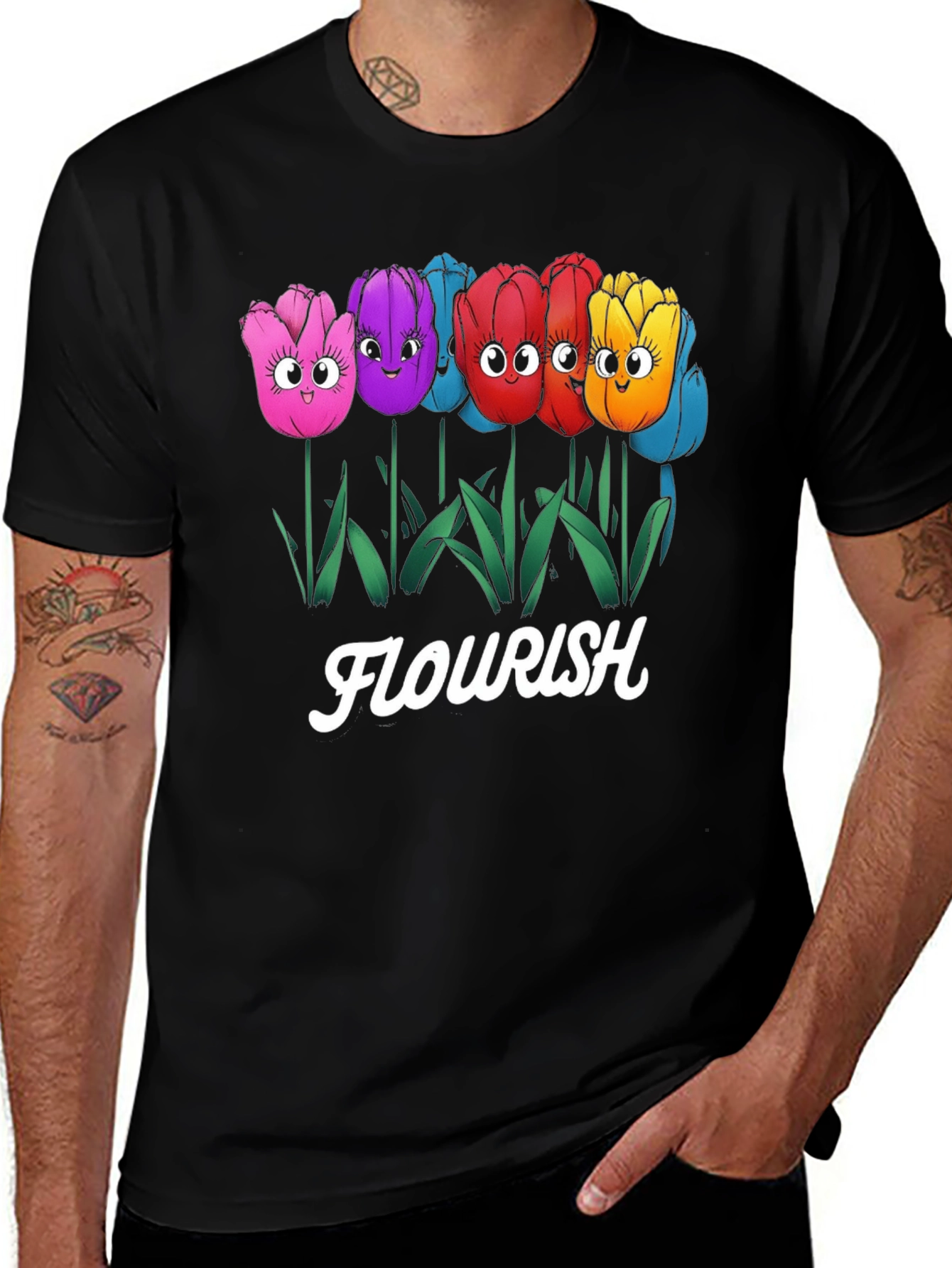 Variant 28 of Flourish Cartoon Tulips Black T-Shirt