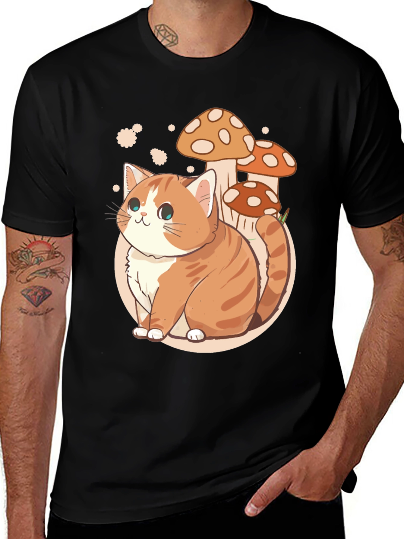 Variant 19 of Cat & Mushroom Graphic Tee - Whimsical Design