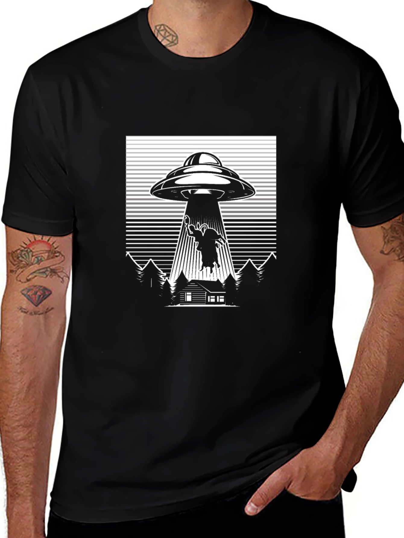 UFO Cow Abduction T-Shirt Black Graphic Tee