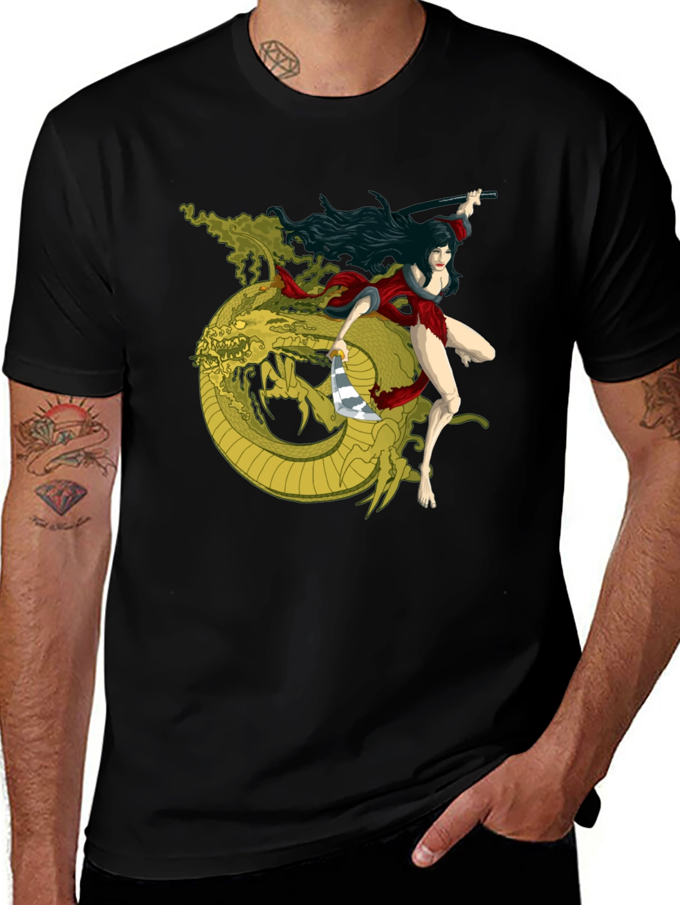 Variant 23 of Warrior Woman & Dragon Graphic Tee - Black