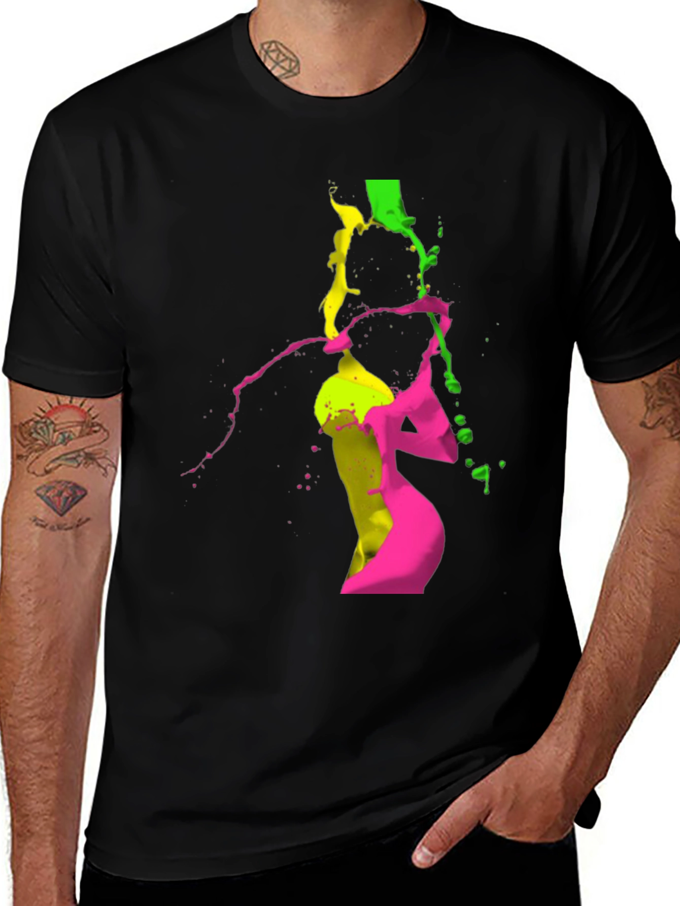 Variant 10 of Abstract Neon Splatter T-Shirt - Black Crew Neck Tee
