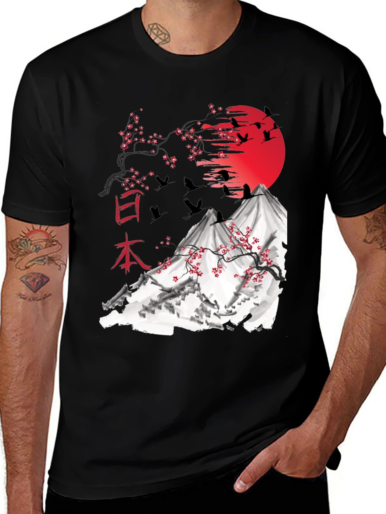 Japanese Art T-Shirt - Mount Fuji Cranes Cherry Blossoms