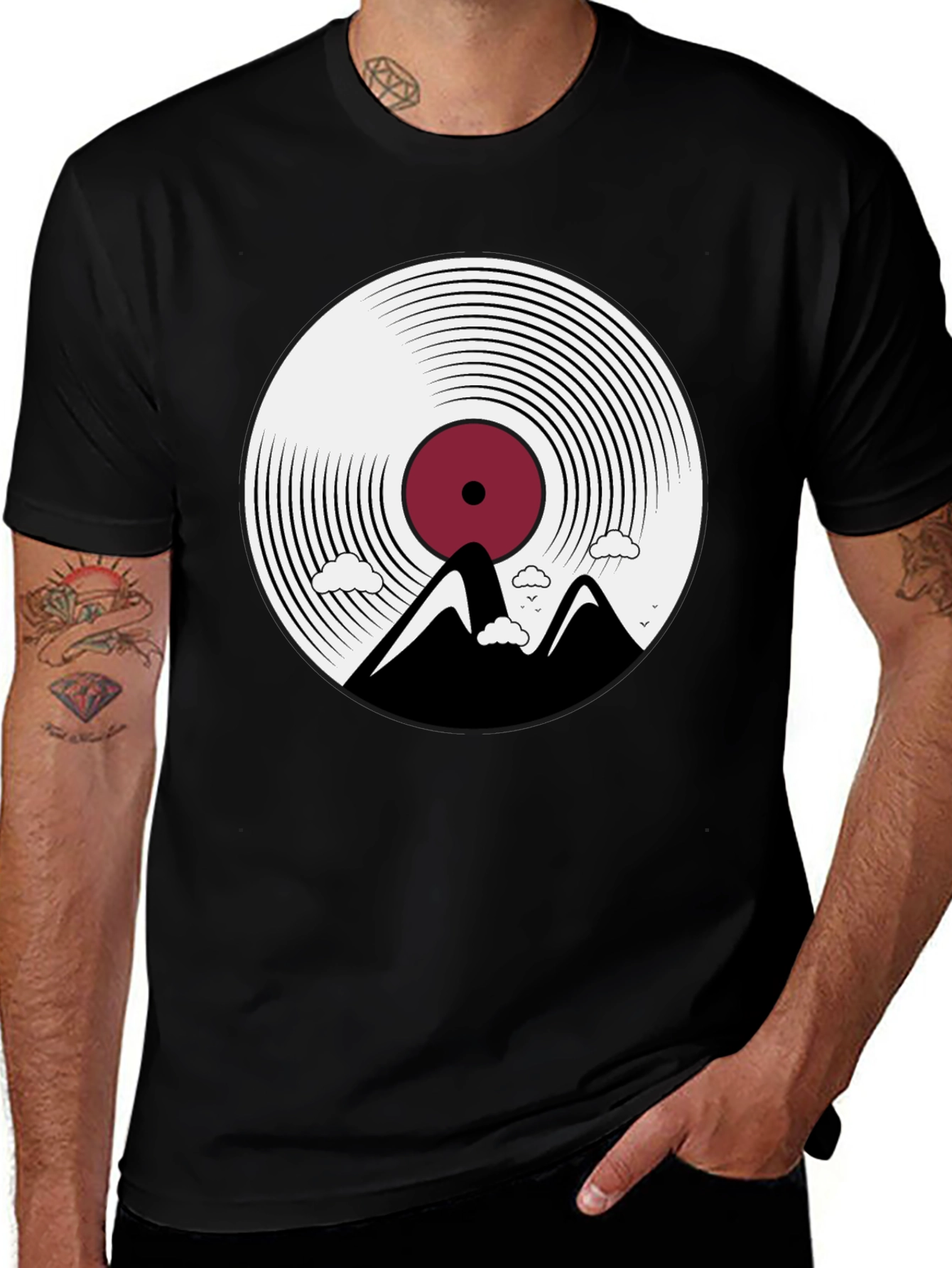 Vinyl Record Mountain Graphic Tee - Black