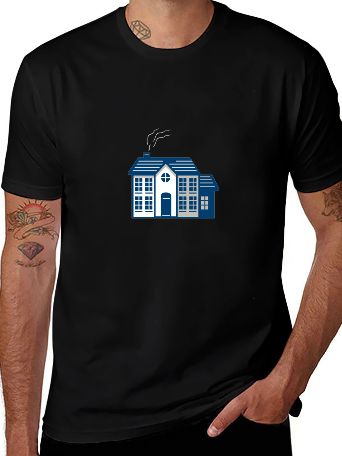 Variant 8 of Stylish Black Tee with Blue House Graphic