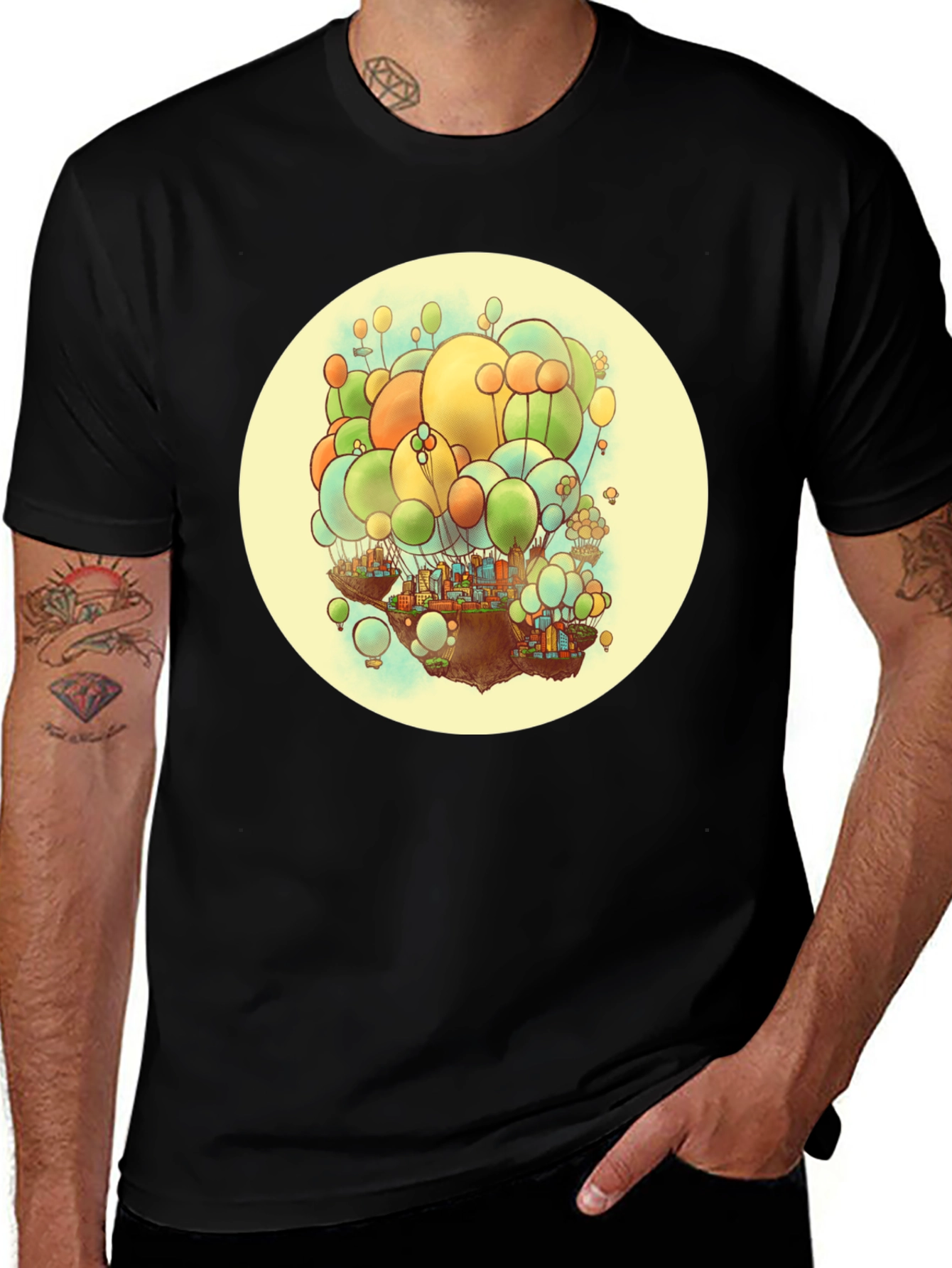 Variant 17 of Floating City Tee - Artistic Balloon Design
