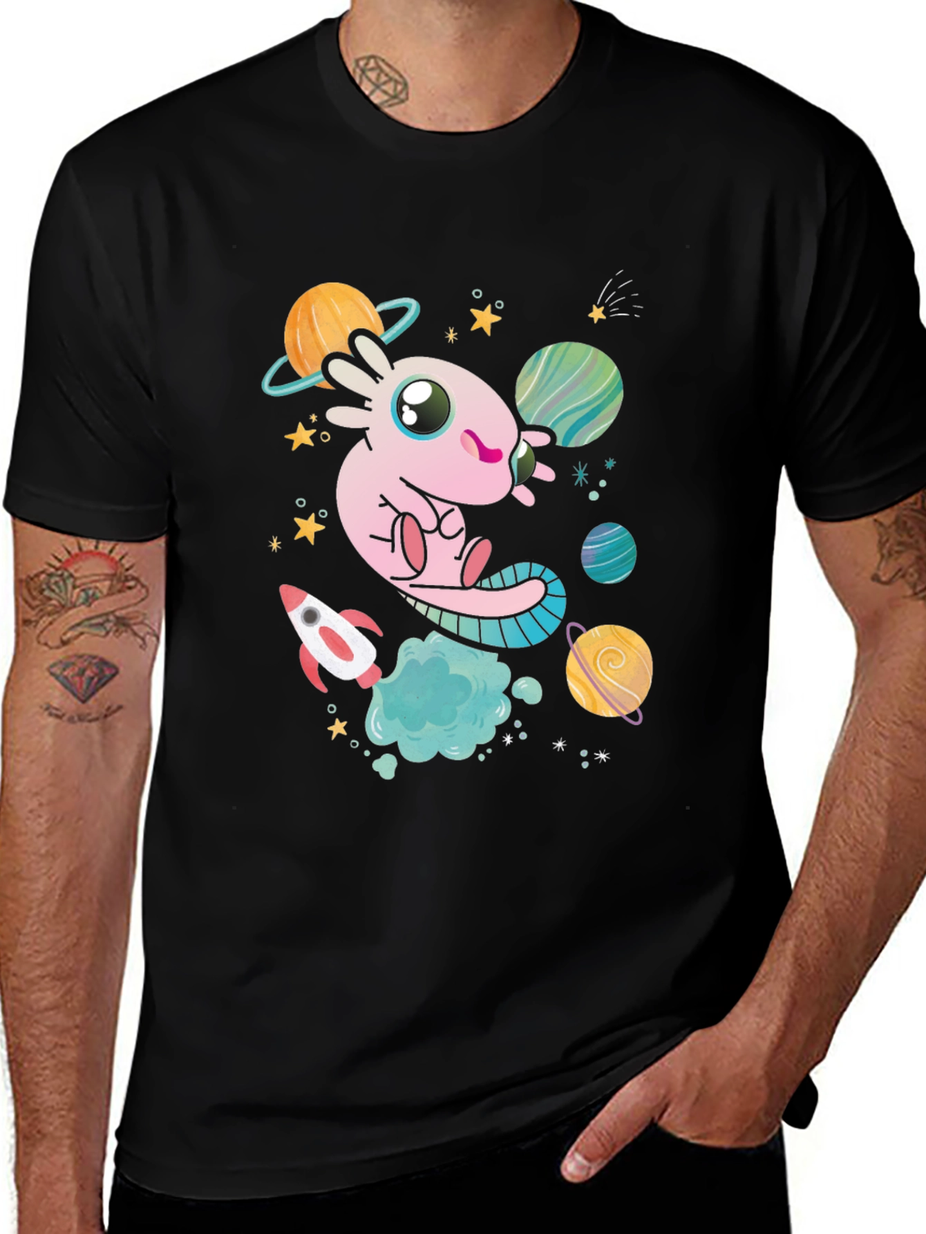 Variant 9 of Axolotl Space T-Shirt - Black Cotton Blend