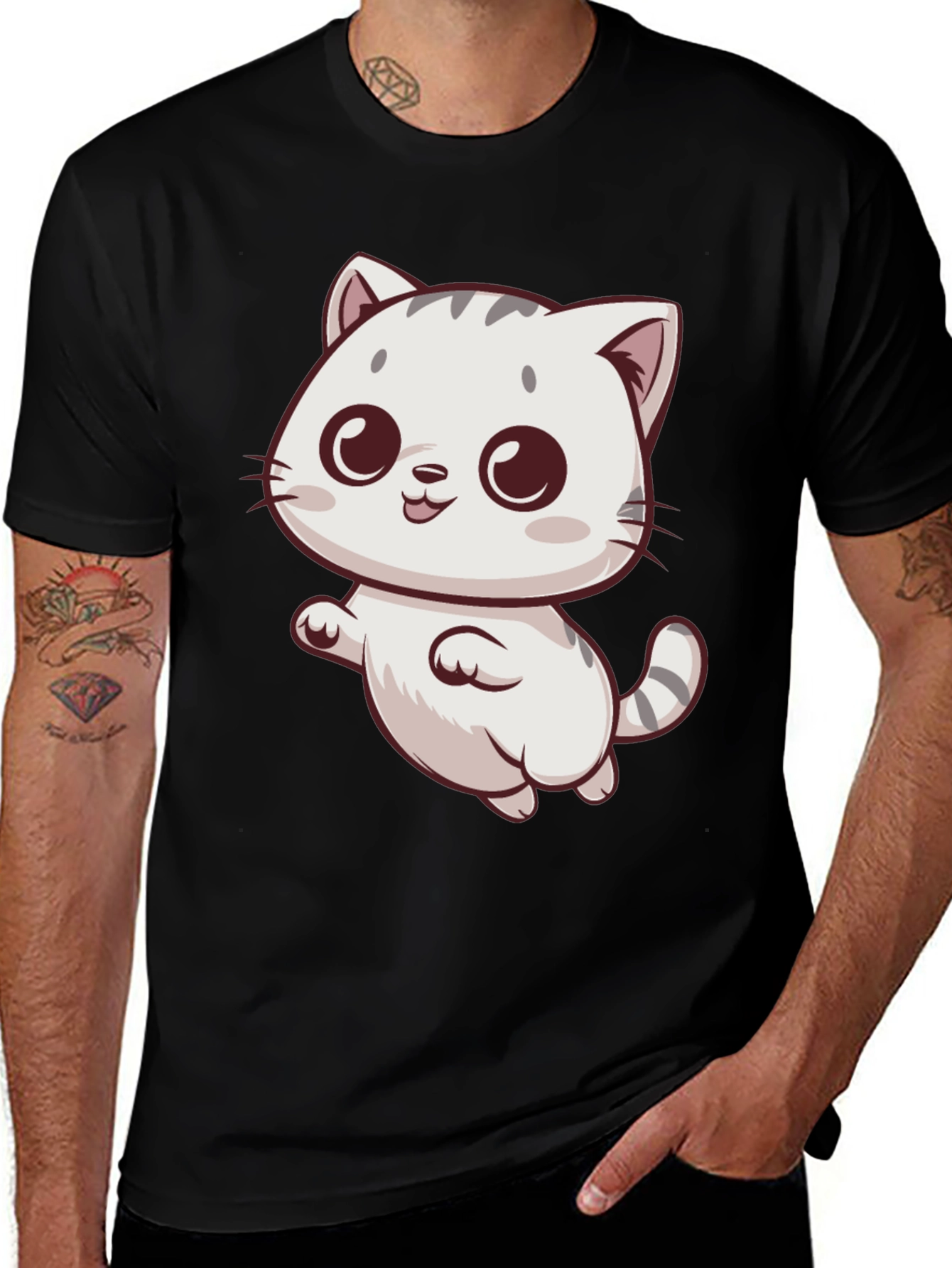 Variant 24 of Cute Cartoon Cat Graphic Tee - Black