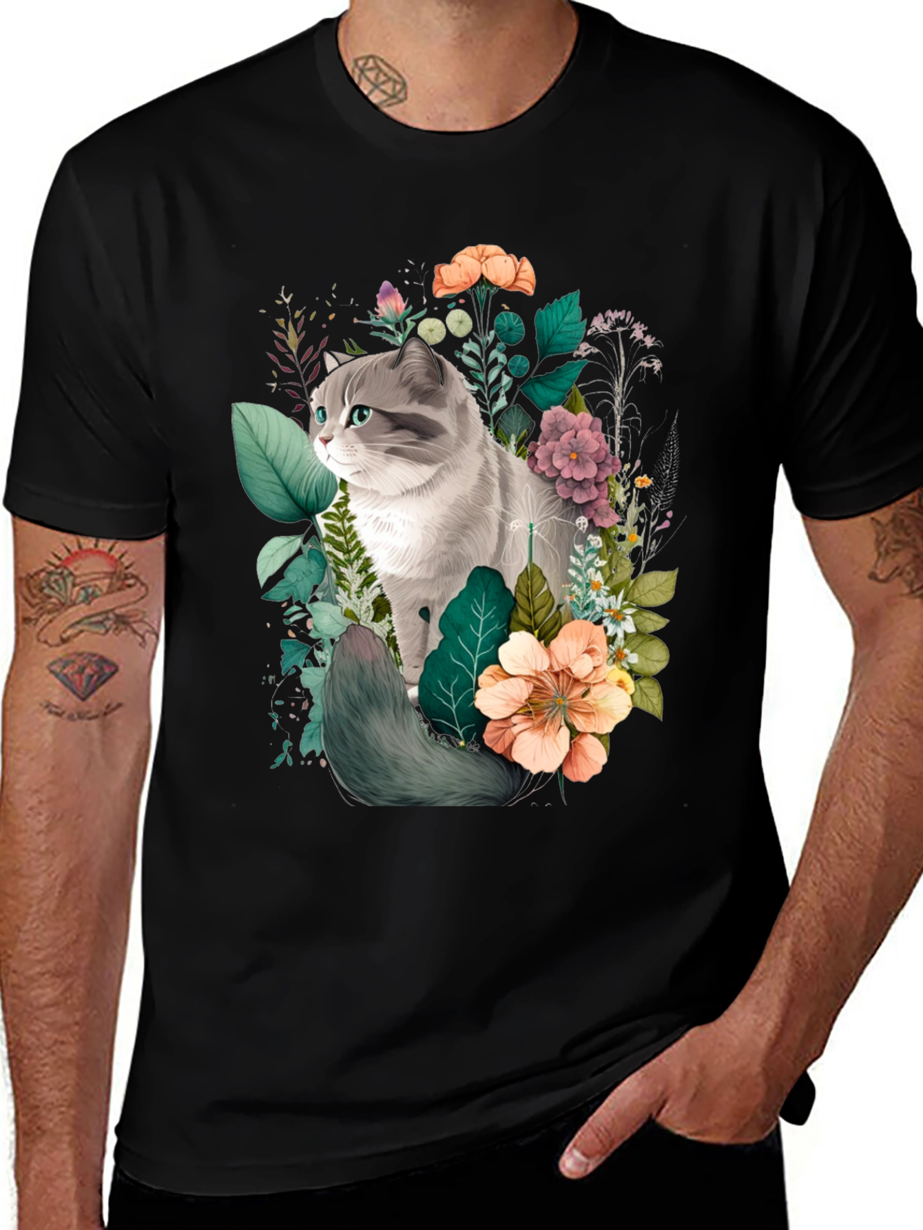 Variant 6 of Cat Floral T-Shirt - Stylish Graphic Tee