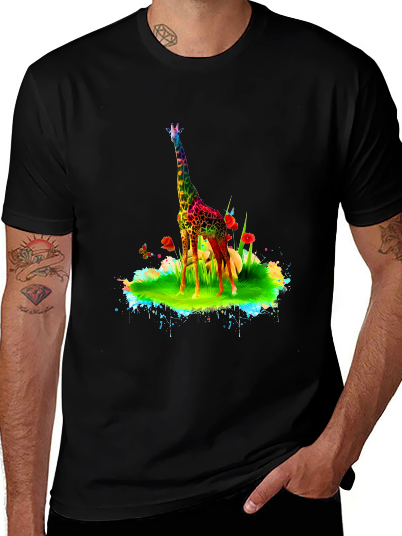 Variant 2 of Colorful Giraffe Print Black T-Shirt