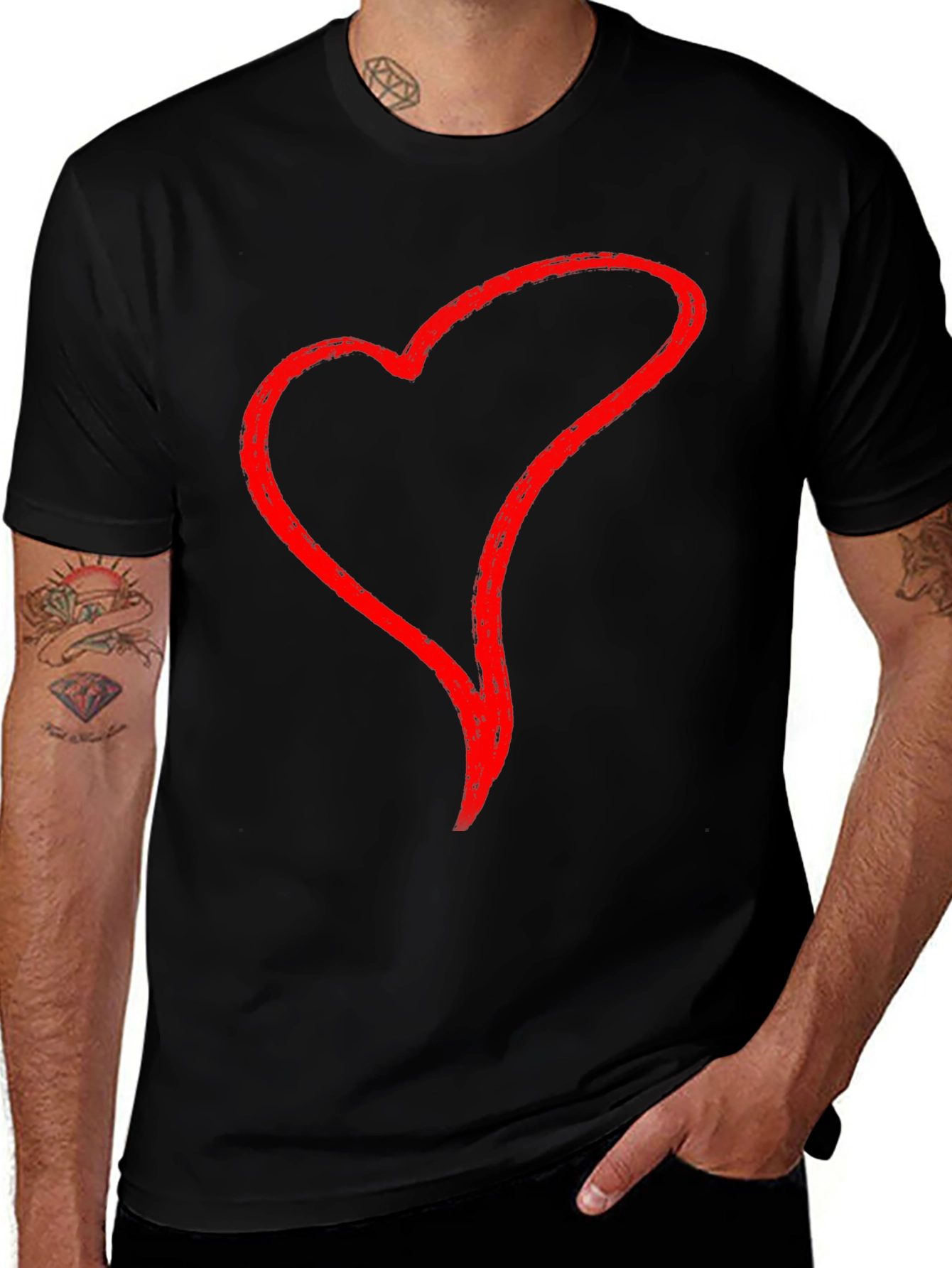 Variant 18 of Black T-Shirt with Red Heart Outline Graphic
