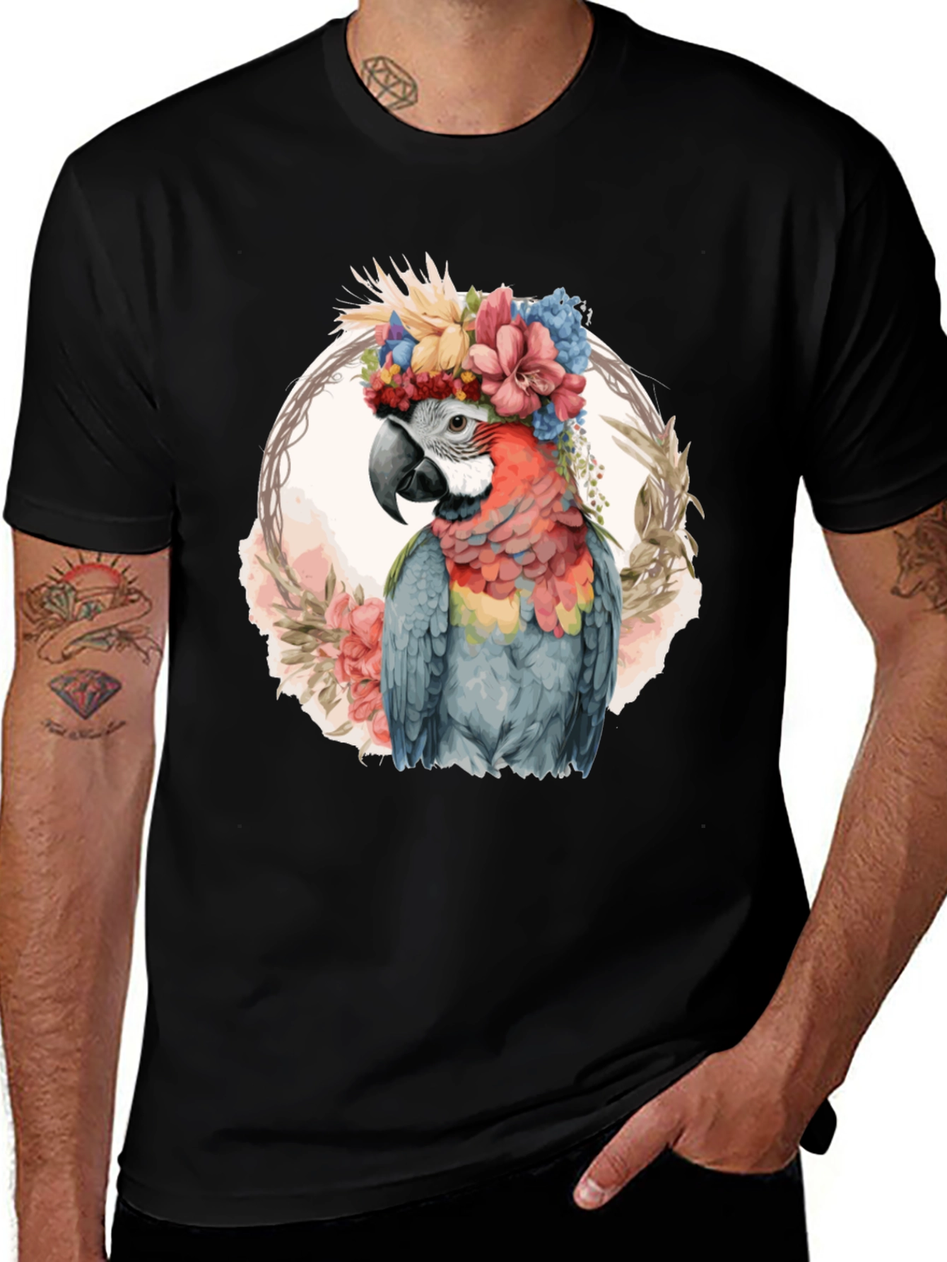 Variant 10 of Floral Parrot Graphic Tee - Trendy Bird Lover Shirt