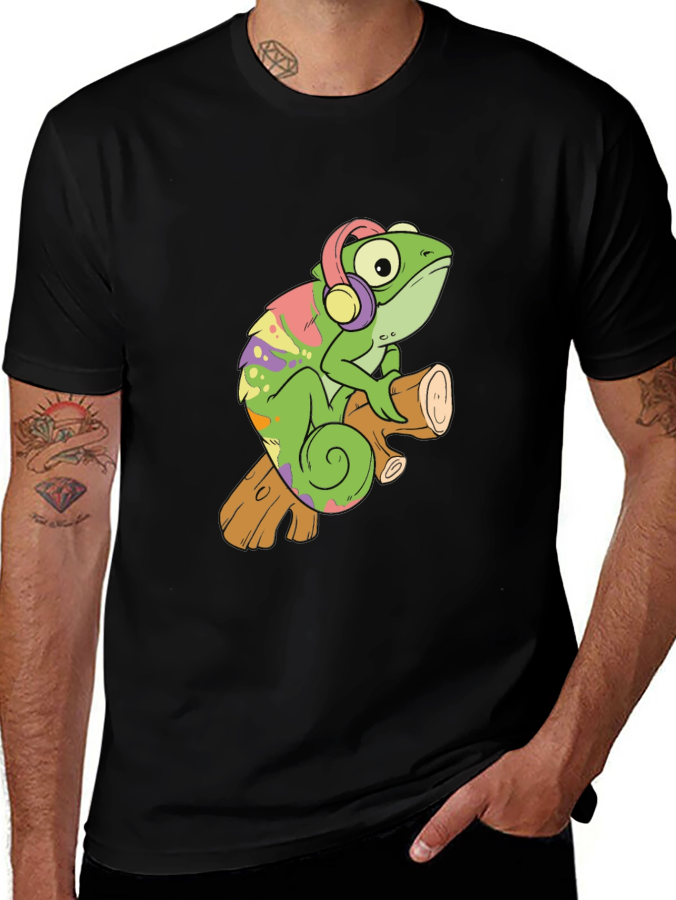 Variant 2 of Cartoon Chameleon with Headphones Black T-Shirt
