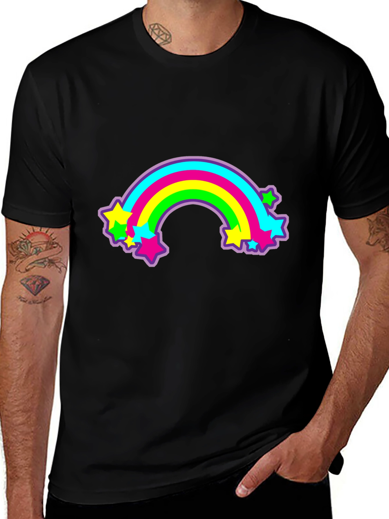 Variant 15 of Retro Rainbow Stars Graphic Tee - Black