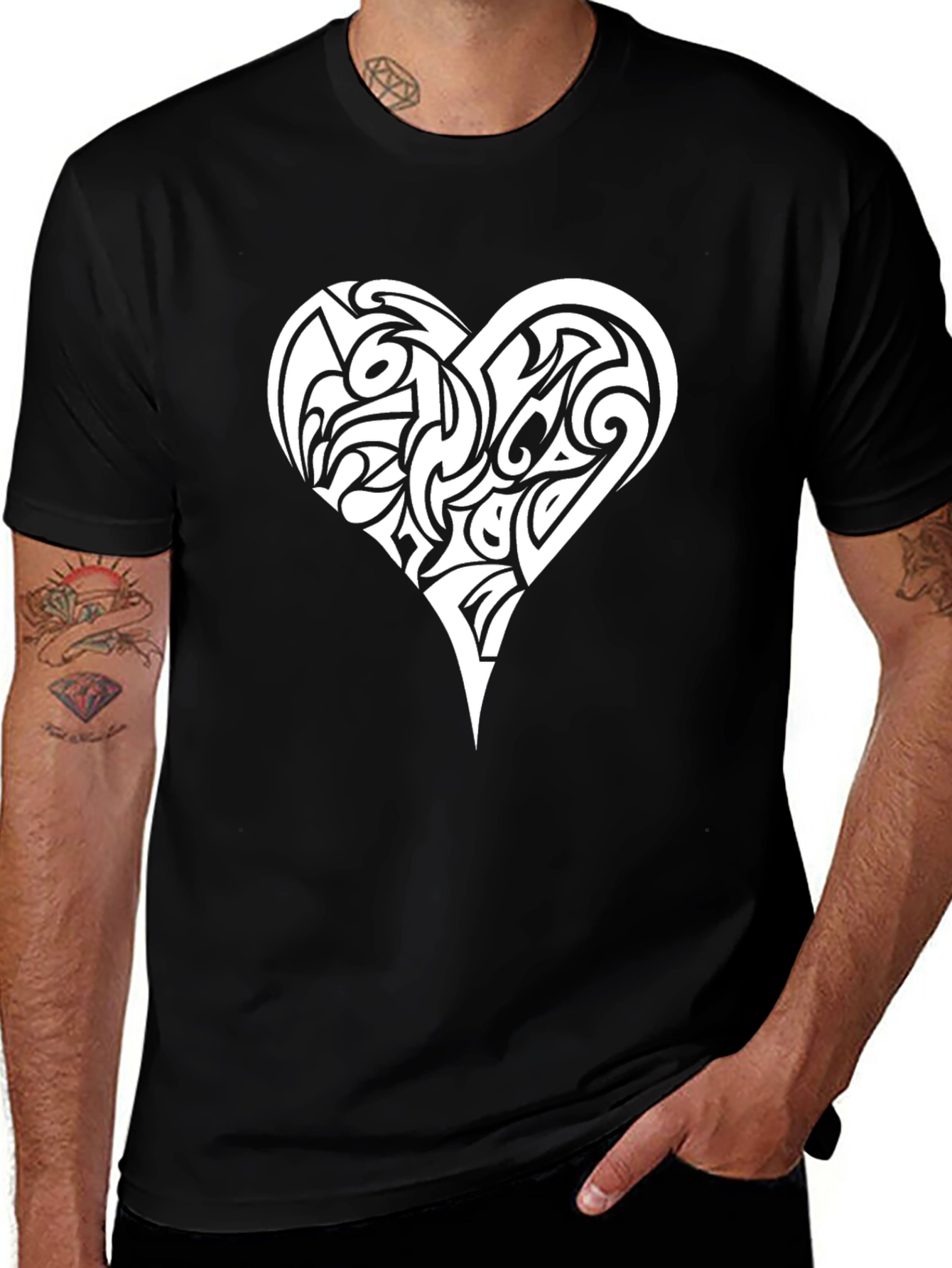 Black Tribal Heart Graphic Tee - Black Cotton T-Shirt main image