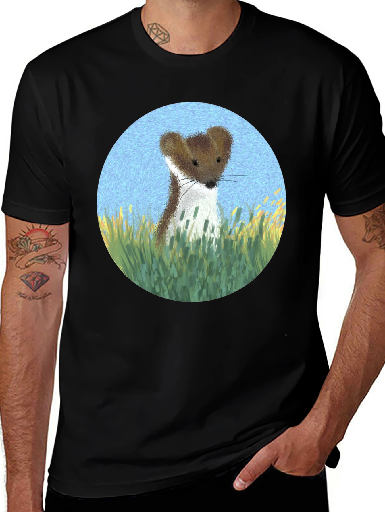 Variant 11 of Weasel in Grass Graphic Tee - Black Cotton T-Shirt