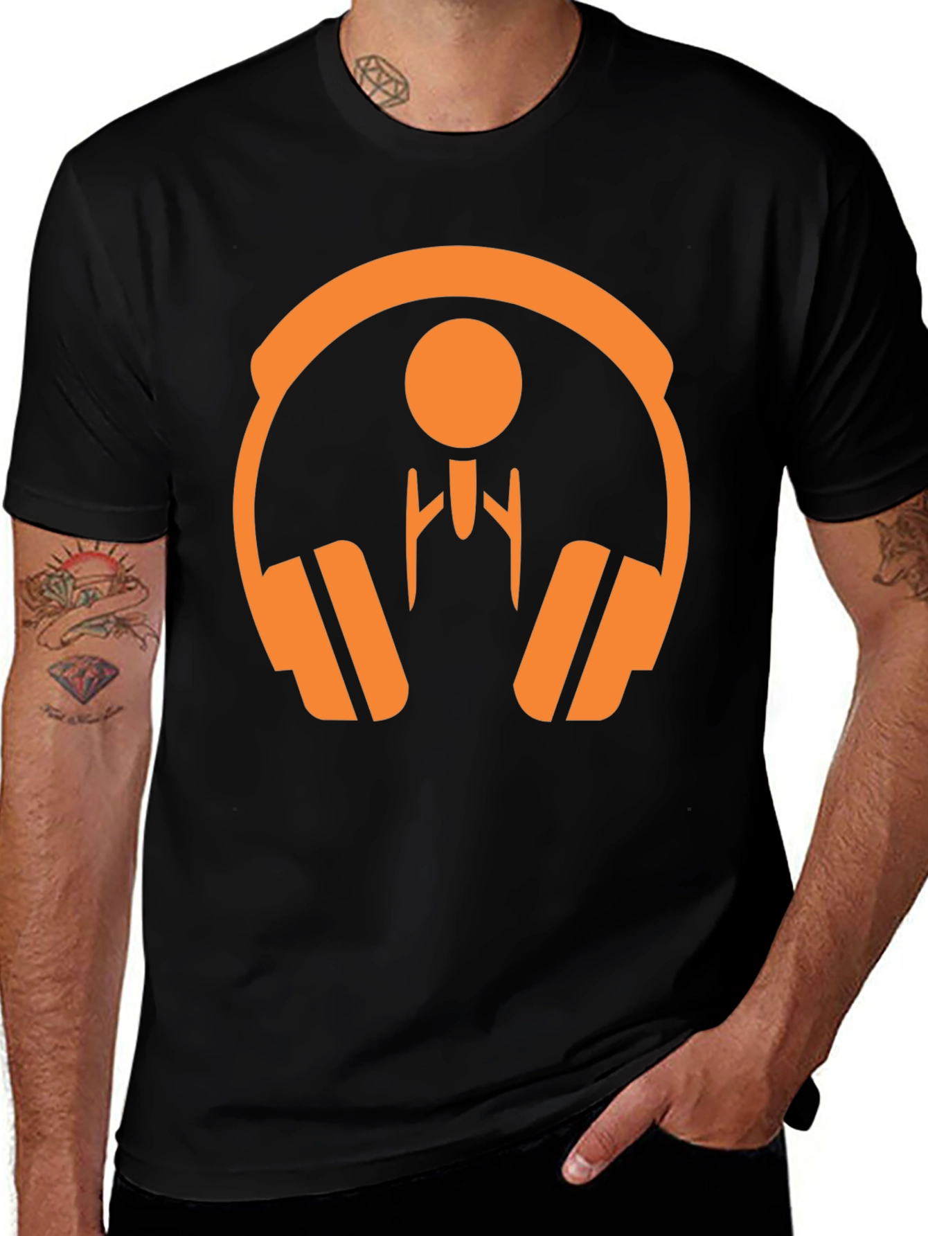 Variant 10 of Orange Headphone Graphic Tee - Stylish Black T-Shirt