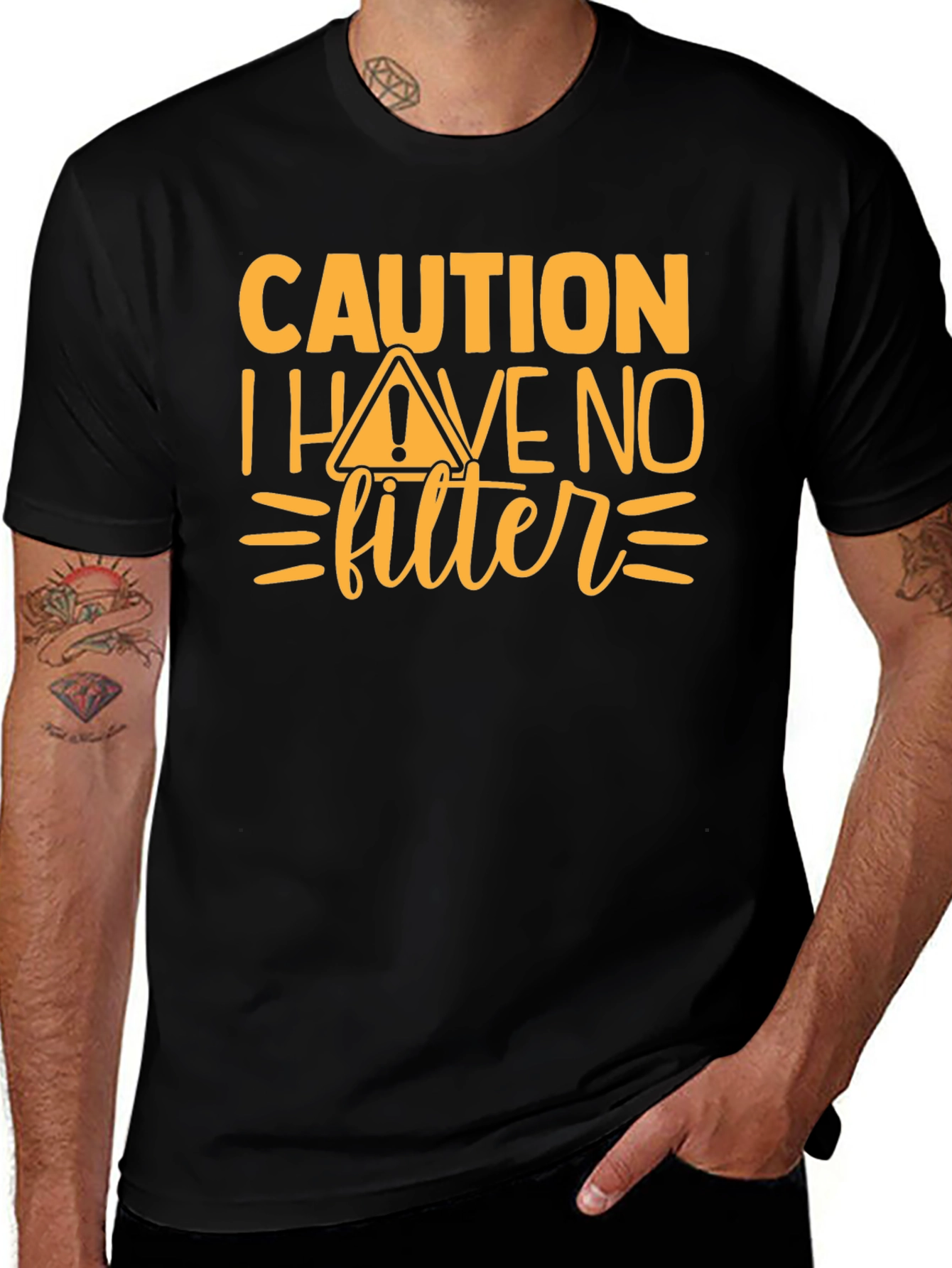 Variant 4 of Caution I Have No Filter Black Graphic Tee