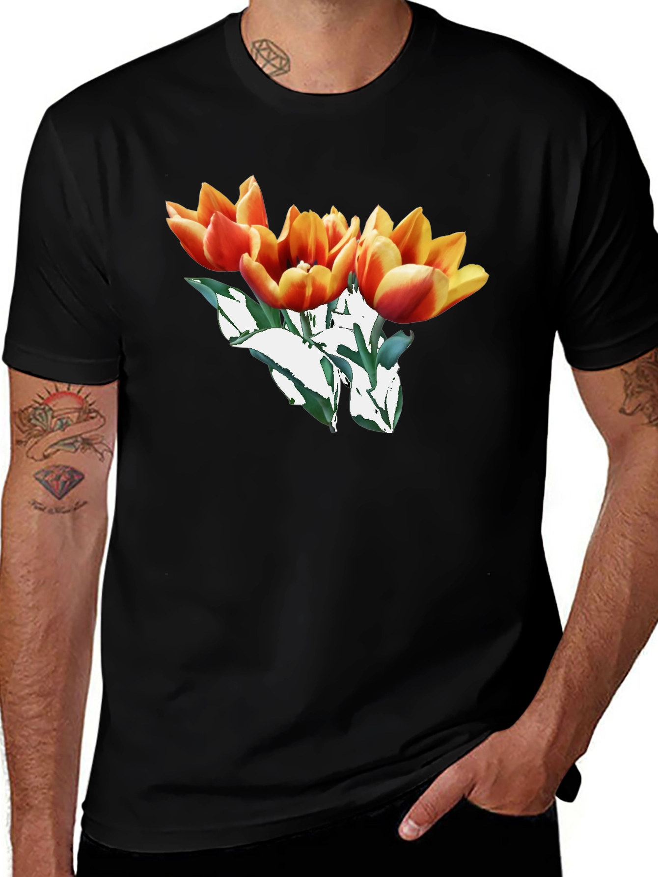 Variant 27 of Floral Tulip Graphic Black T-Shirt