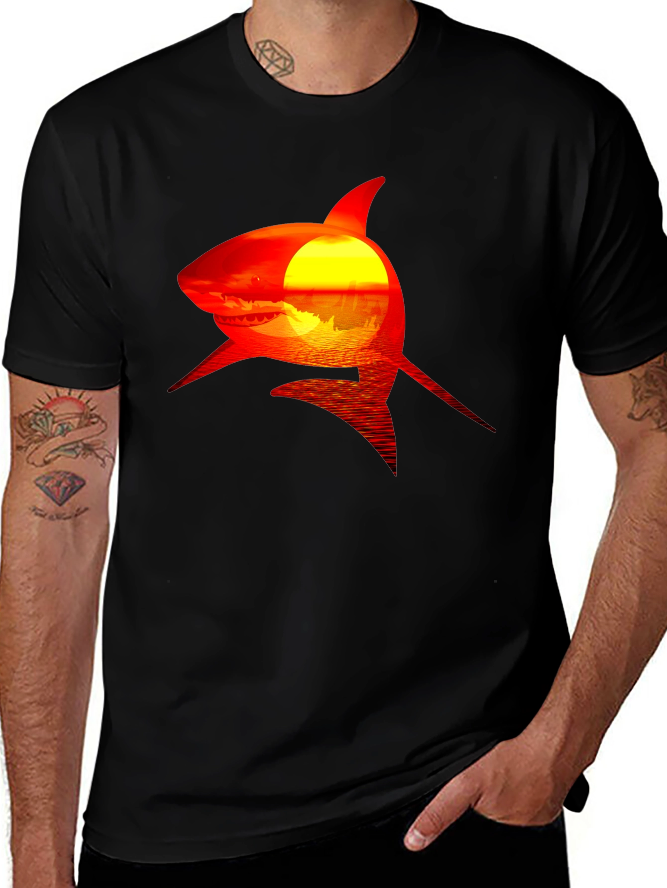 Variant 20 of Shark Sunset Graphic Tee - Black Cotton T-Shirt