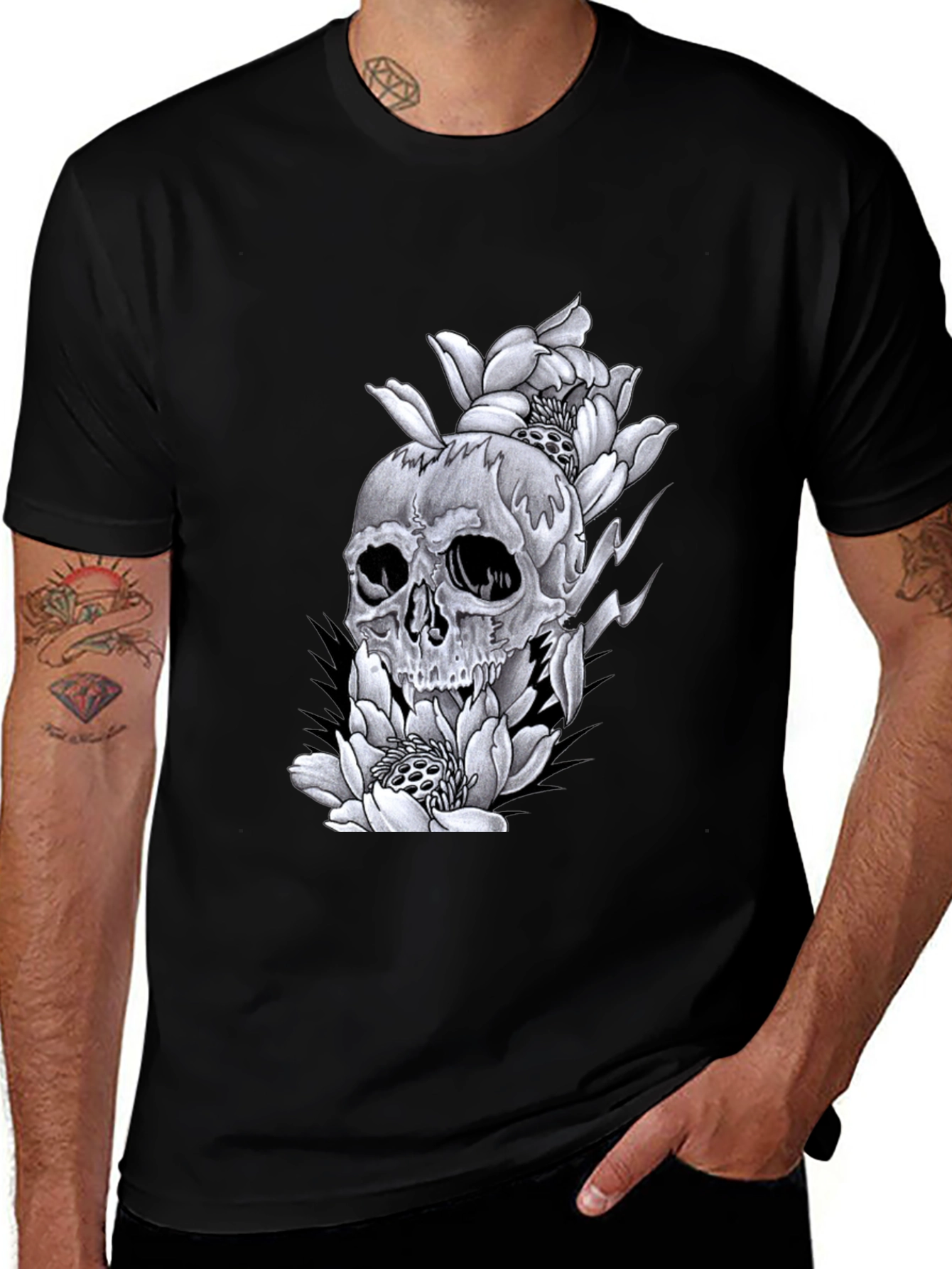 Variant 24 of Skull & Flowers Graphic Tee - Black